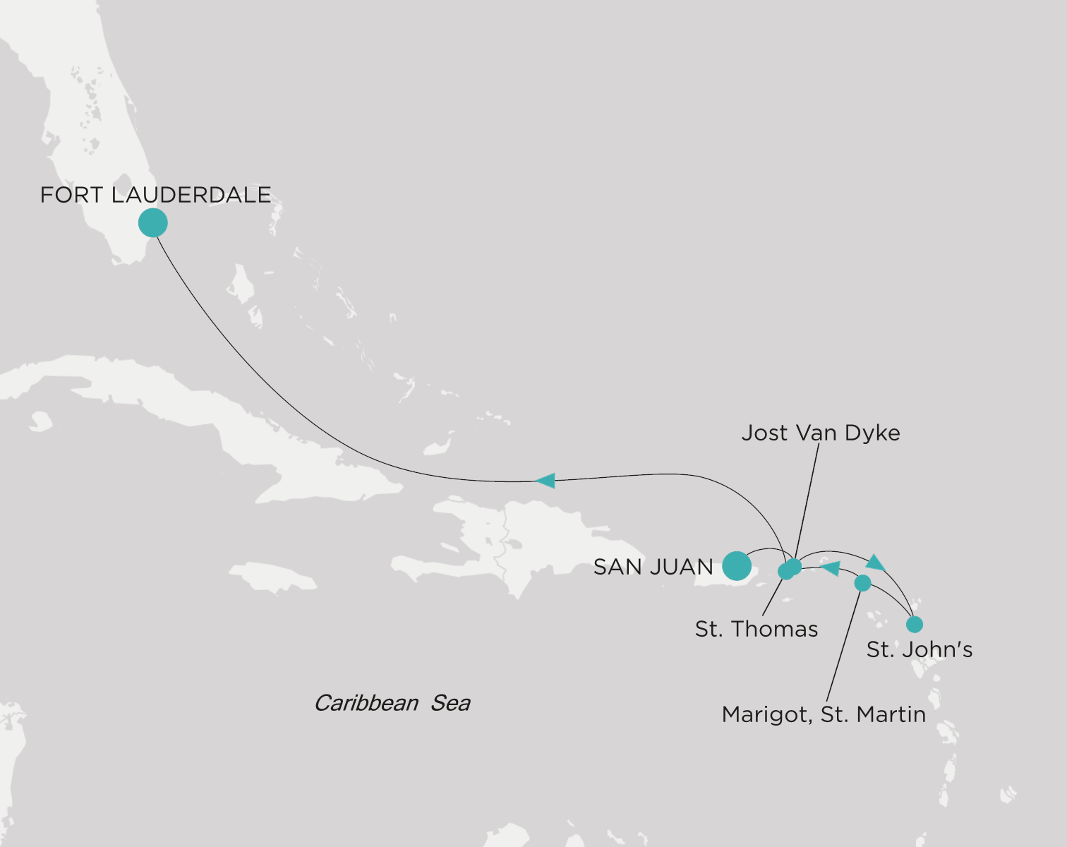 Crystal Symphony CSY-007-261213 official itinerary map from San Juan to Fort Lauderdale