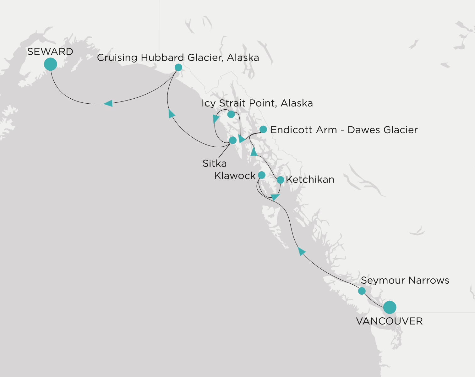 Crystal Symphony CSY-008-260724 official itinerary map from Vancouver to Seward (Anchorage, Alaska)