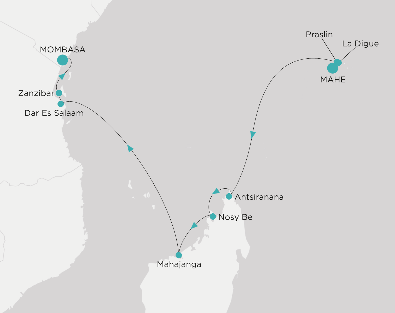 Crystal Symphony CSY-009-260128 official itinerary map from Mahe to Mombasa