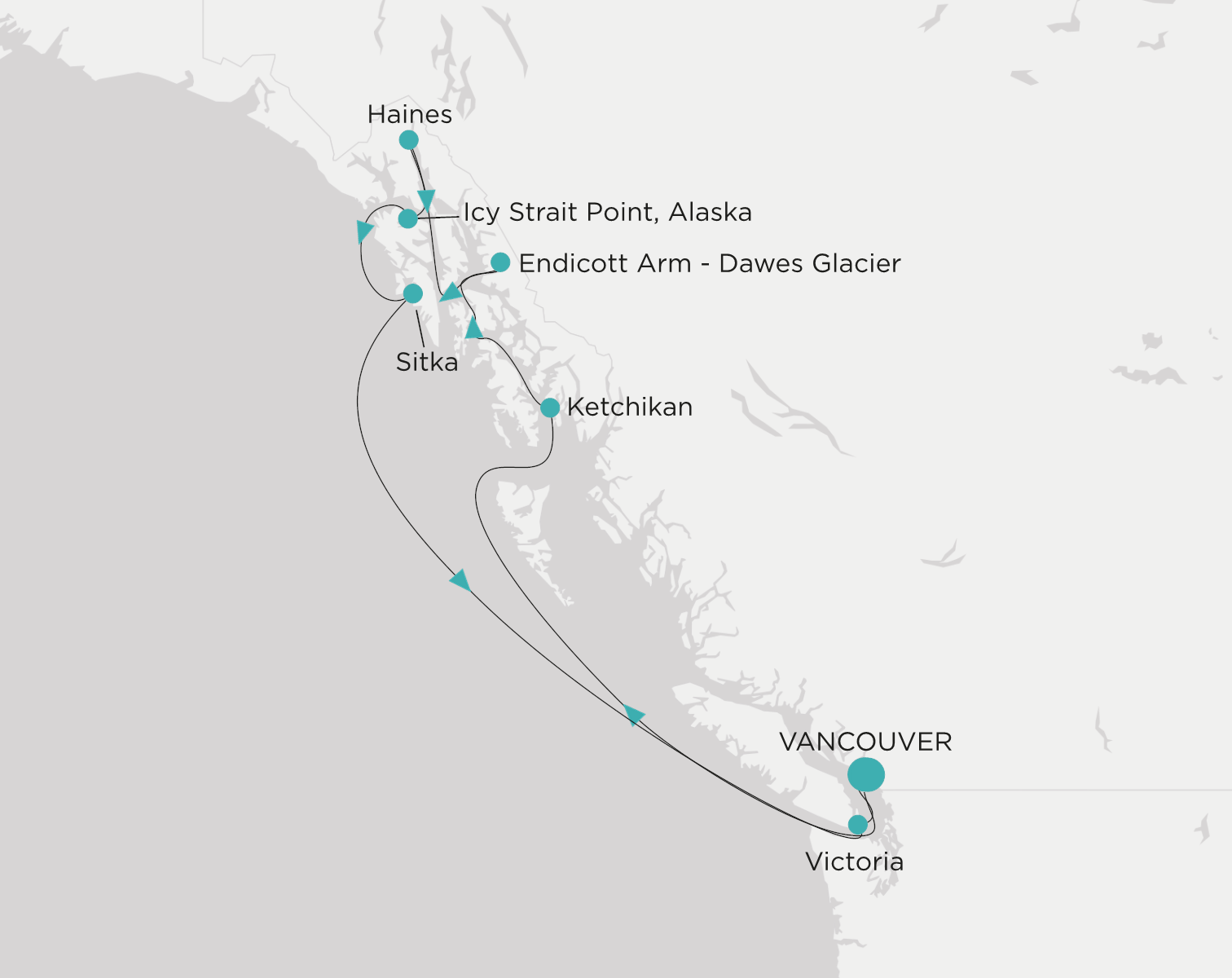 Crystal Symphony CSY-009-260808 official itinerary map from Vancouver to Vancouver