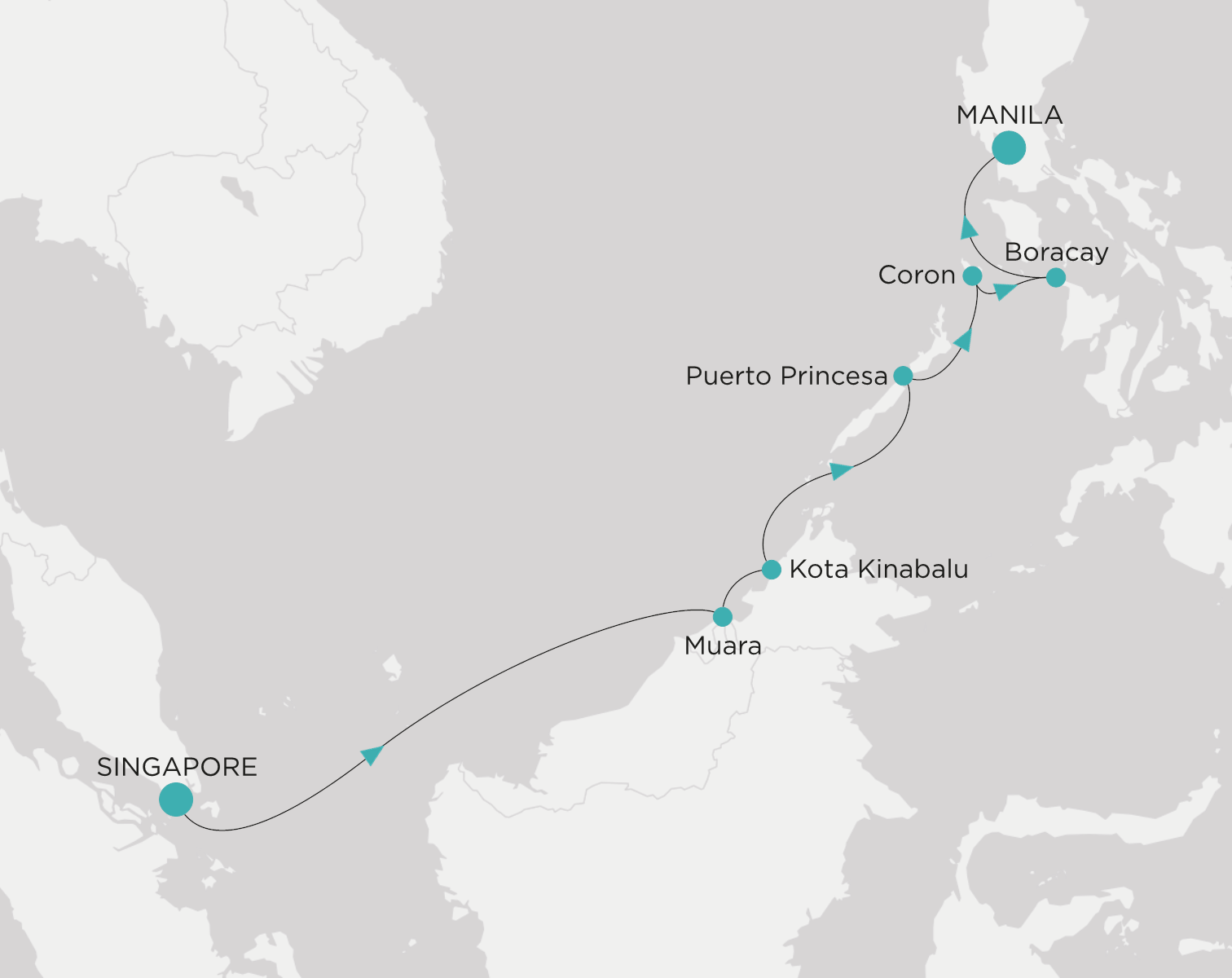 Crystal Symphony CSY-010-260303 official itinerary map from Singapore to Manila