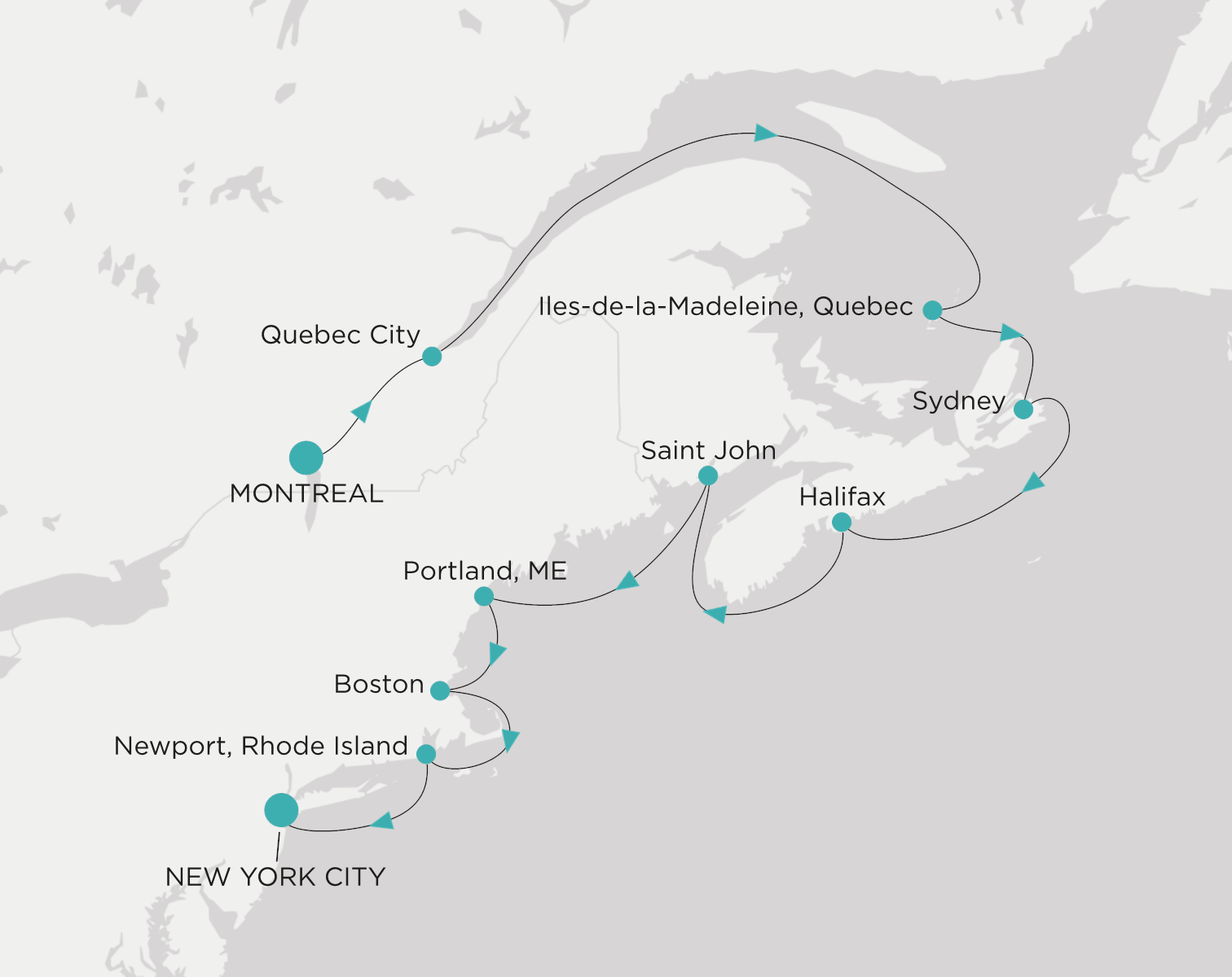 Crystal Symphony CSY-010-261016 official itinerary map from Montreal to New York City