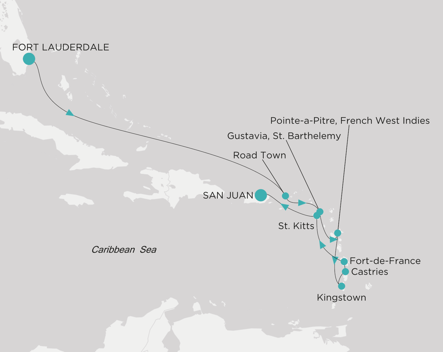 Crystal Symphony CSY-010-261203 official itinerary map from Fort Lauderdale to San Juan