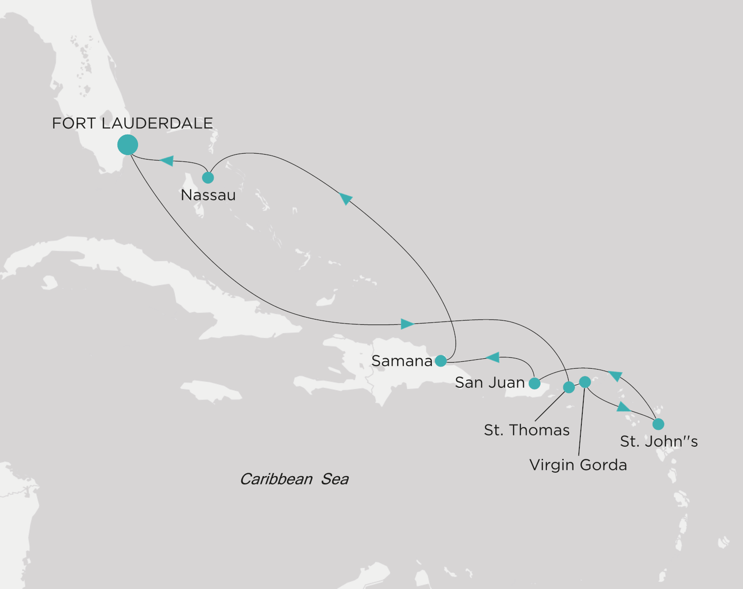 Crystal Symphony CSY-010-261220 official itinerary map from Fort Lauderdale to Fort Lauderdale
