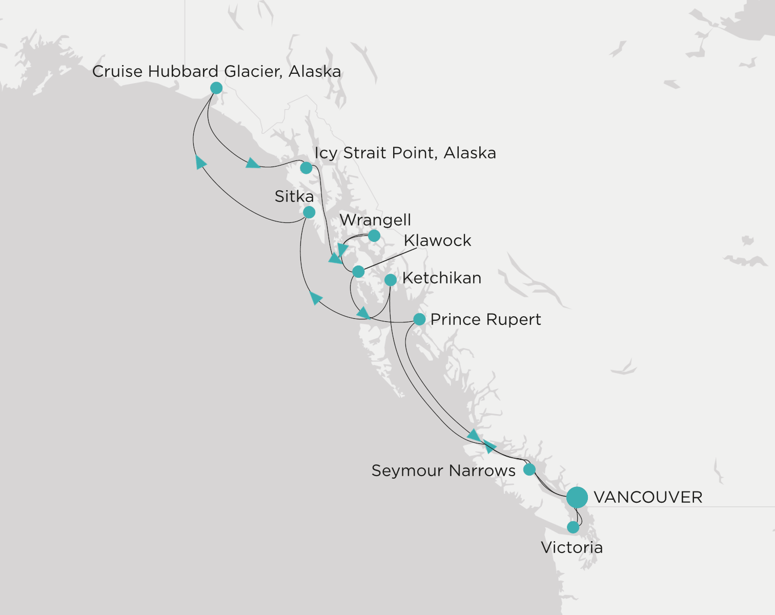 Crystal Symphony CSY-011-260630 official itinerary map for Vancouver to Vancouver