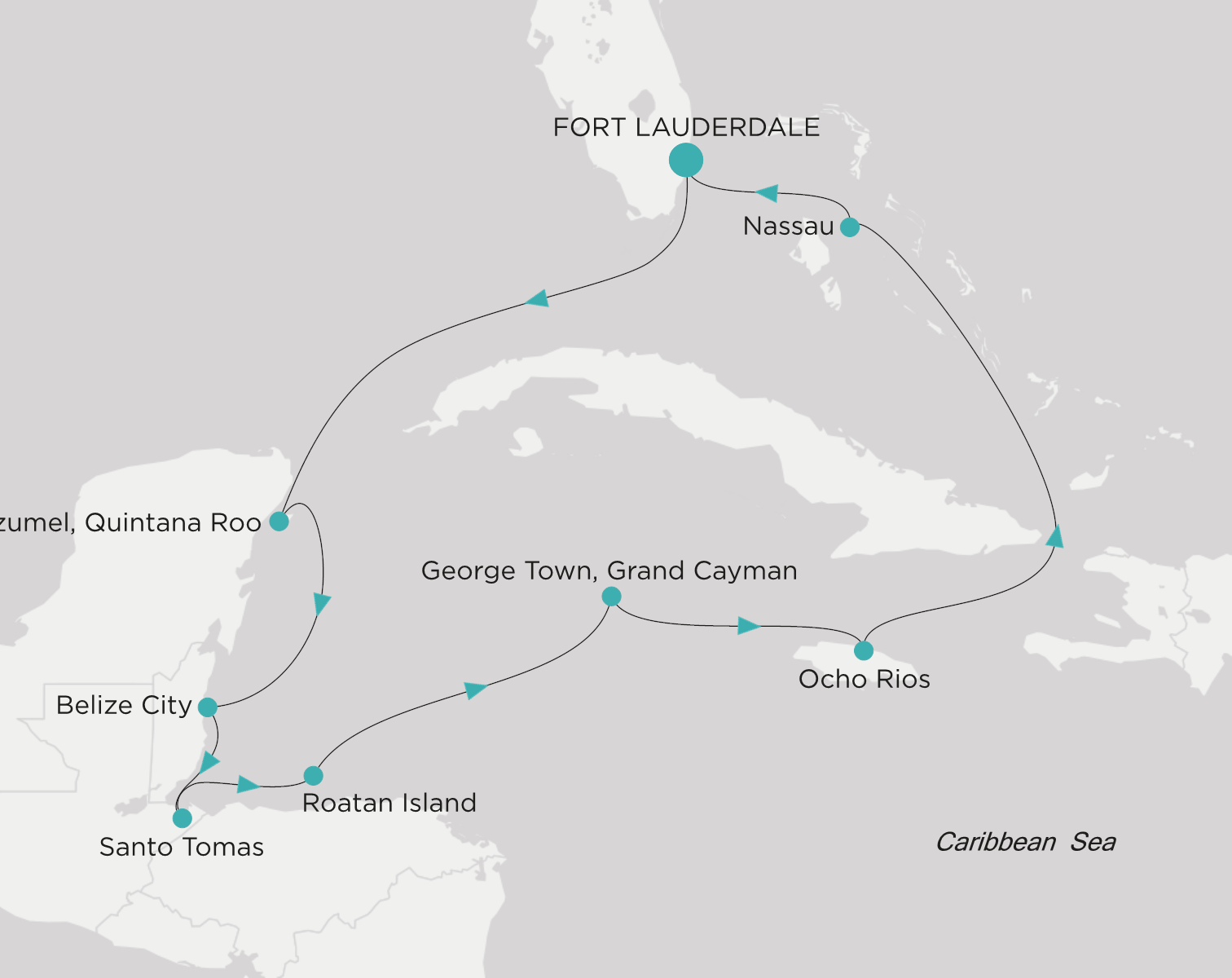 Crystal Symphony CSY-011-261230 official itinerary map from Fort Lauderdale to Fort Lauderdale