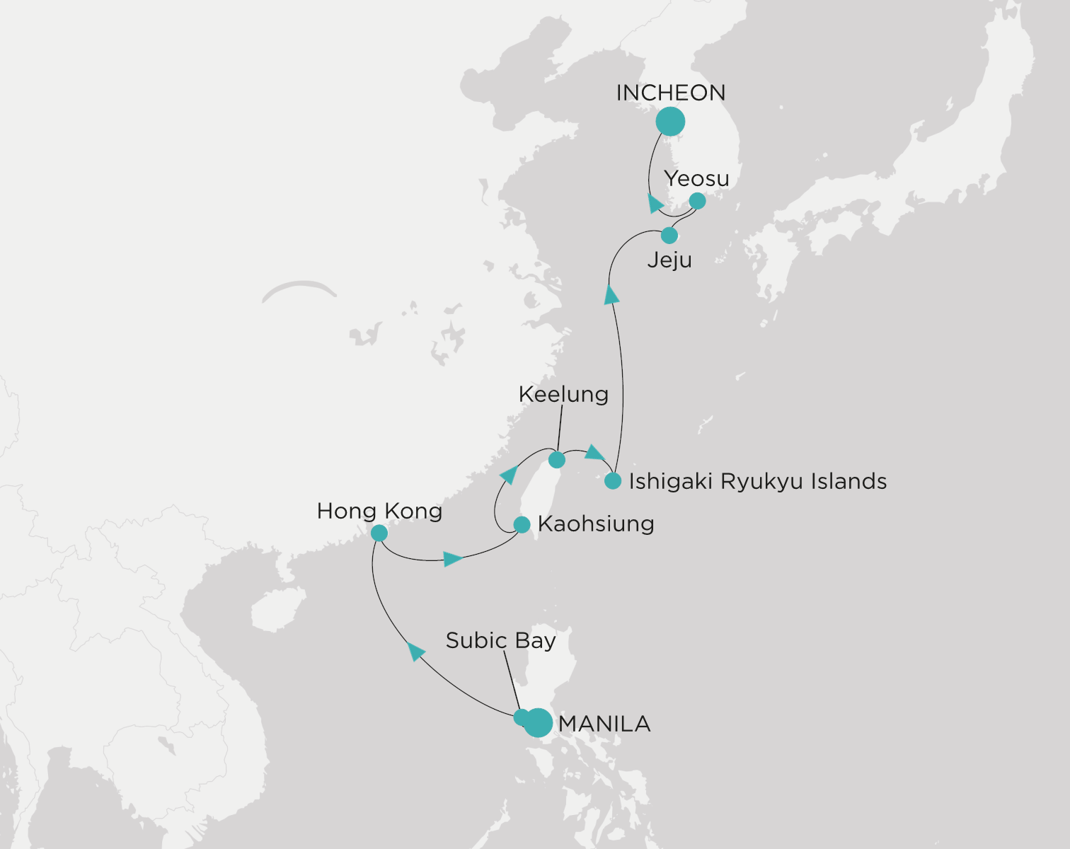 Crystal Symphony CSY-012-260313 official itinerary map from Manila to Incheon (Seoul)