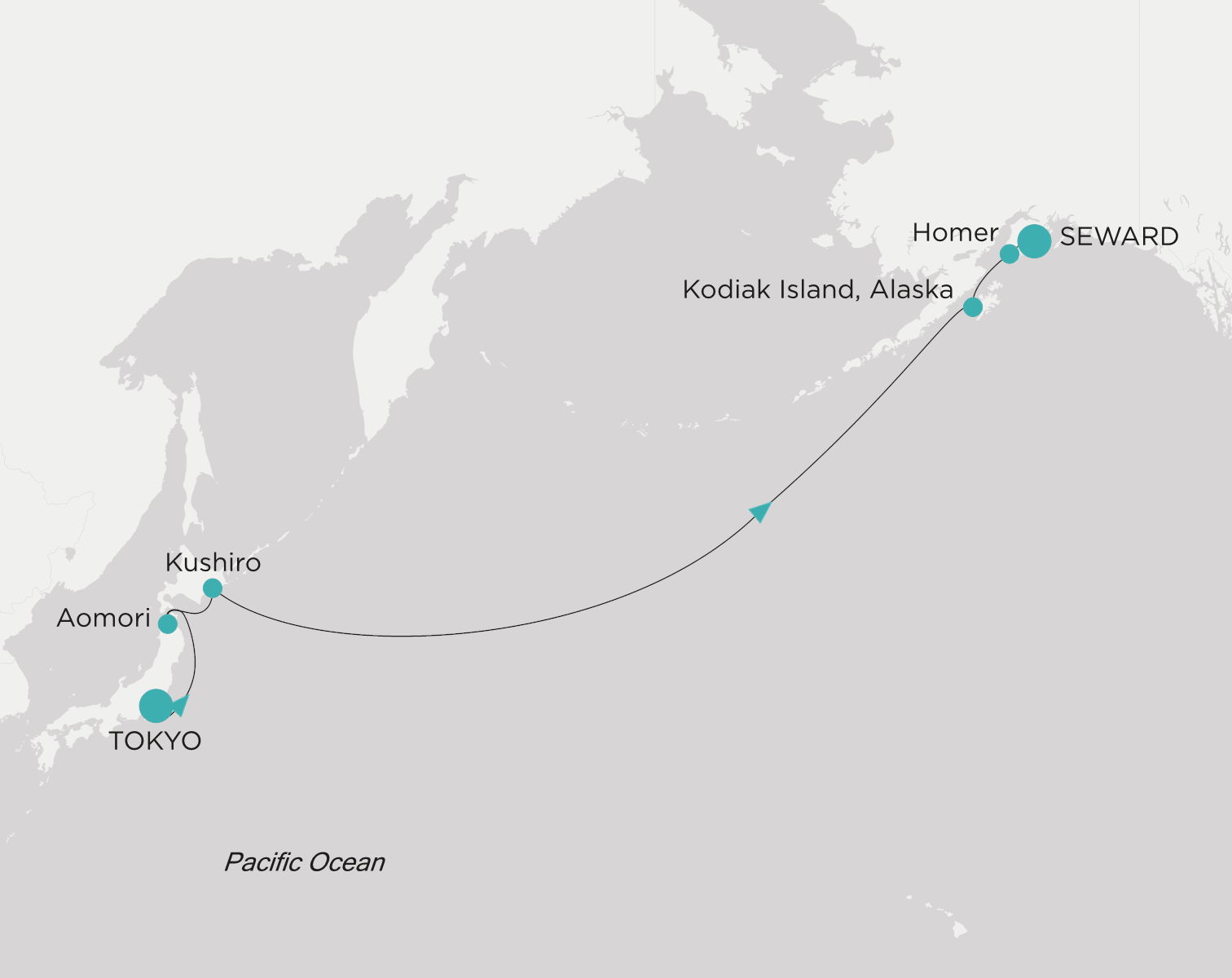 Crystal Symphony CSY-012-260612 official itinerary map from Tokyo to Seward (Anchorage, Alaska)