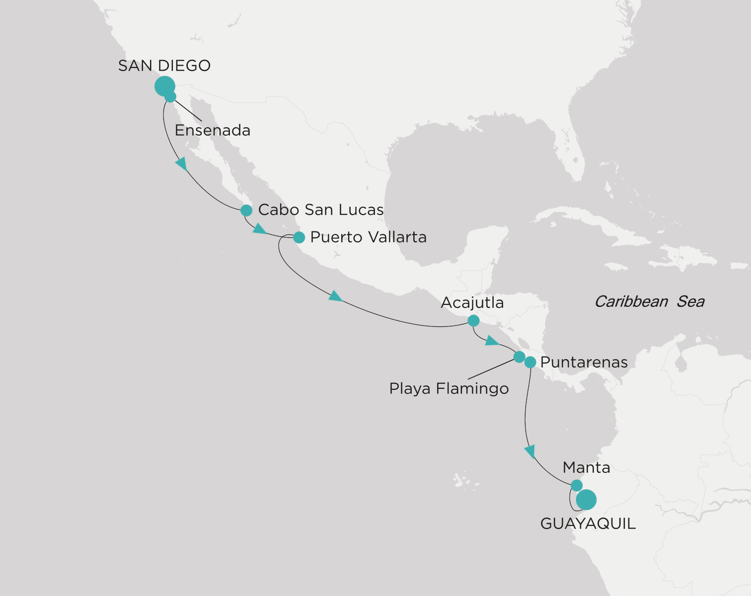 Crystal Symphony CSY-012-260824 official itinerary map from San Diego to Guayaquil