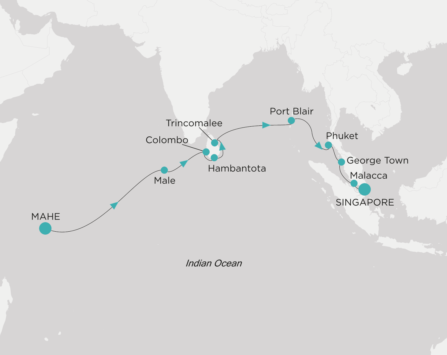 Crystal Symphony CSY-016-260215 official itinerary map for Mahe to Singapore