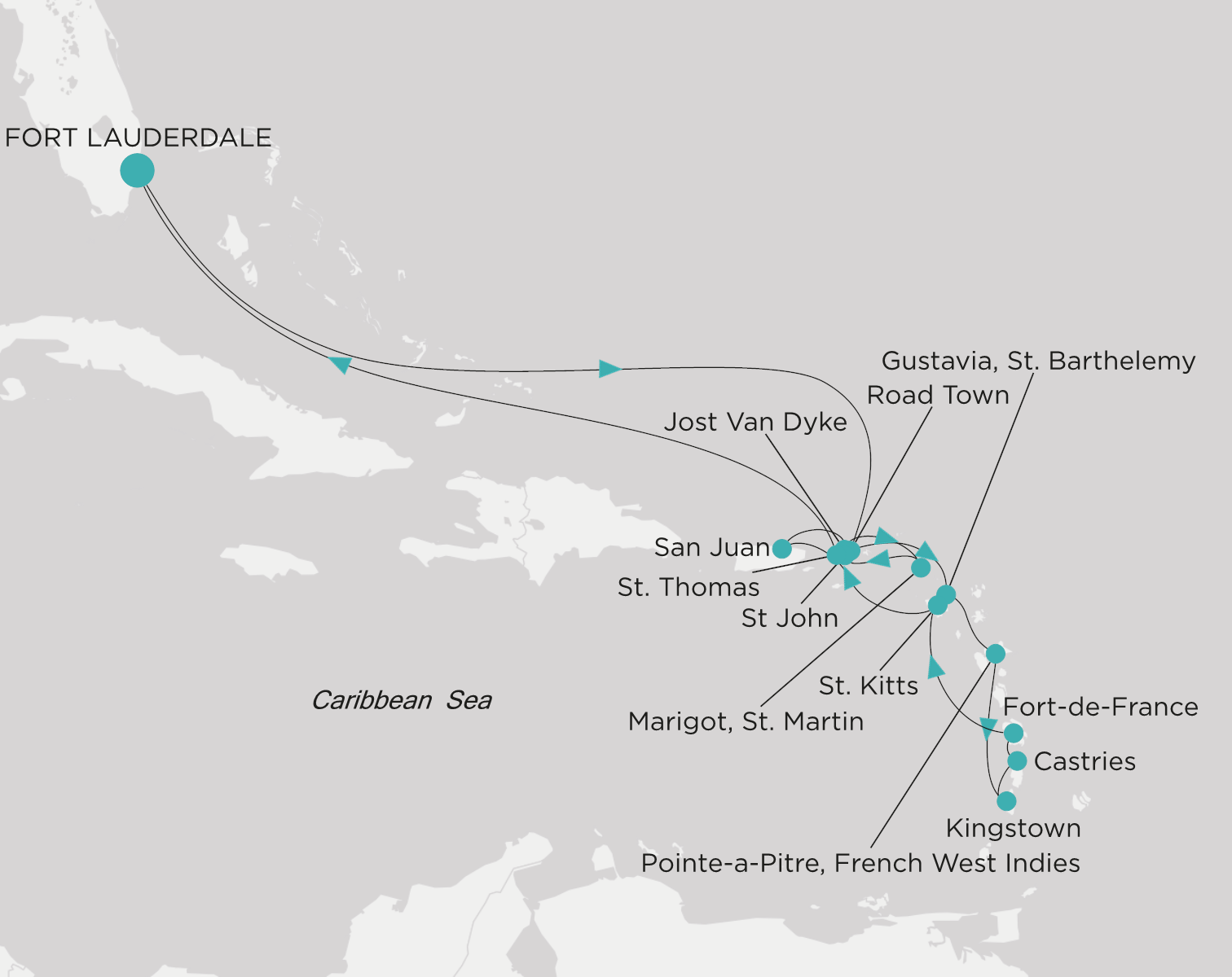 Crystal Symphony CSY-C17-261203 official itinerary map from Fort Lauderdale to Fort Lauderdale