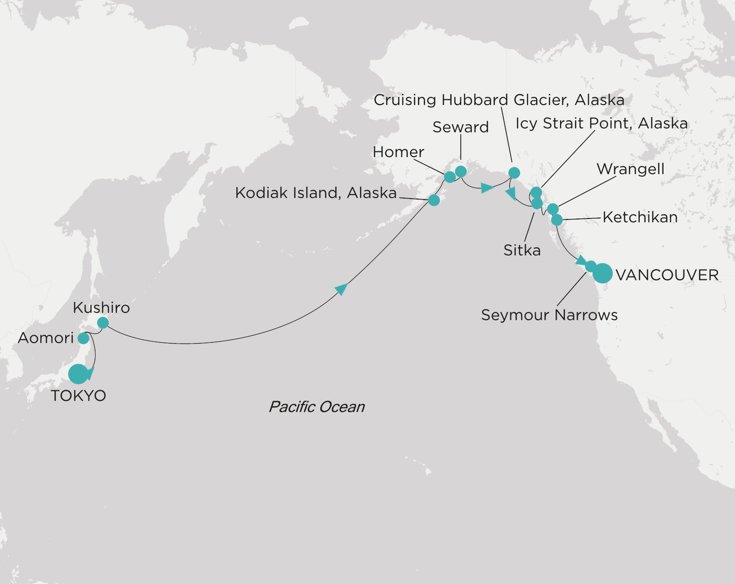 Crystal Symphony CSY-C18-260612 official itinerary map for Tokyo to Vancouver