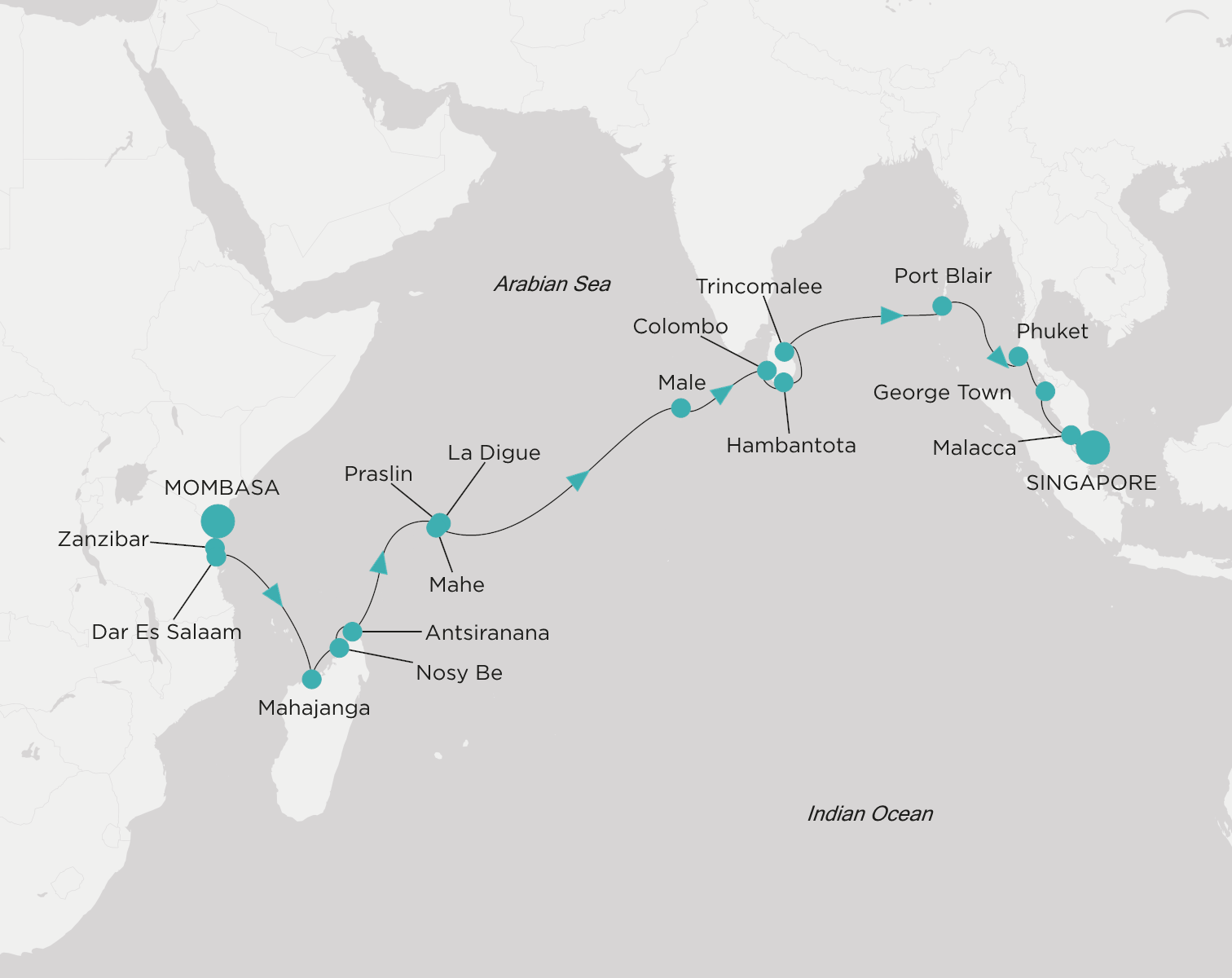 Crystal Symphony CSY-C25-260206 official itinerary map from Mombasa to Singapore