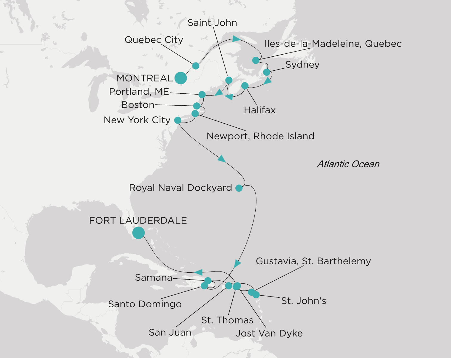 Crystal Symphony CSY-C26-261016 official itinerary map from Montreal to Fort Lauderdale