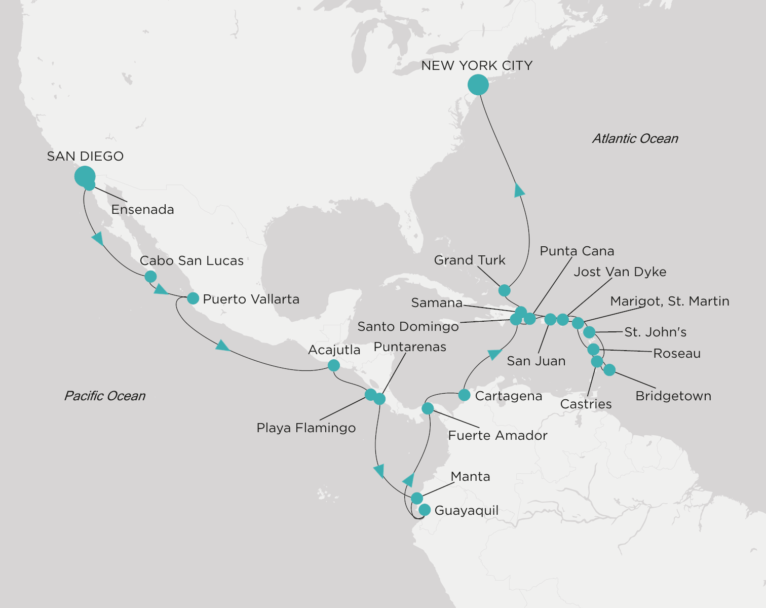 Crystal Symphony CSY-C32-260824 official itinerary map from San Diego to New York City