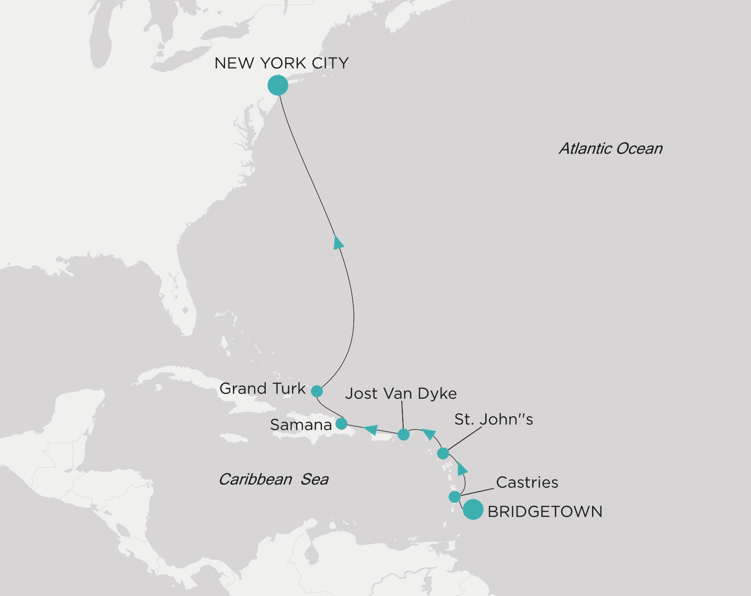 Crystal Symphony CSY-S08-260917 official itinerary map from Bridgetown to New York City