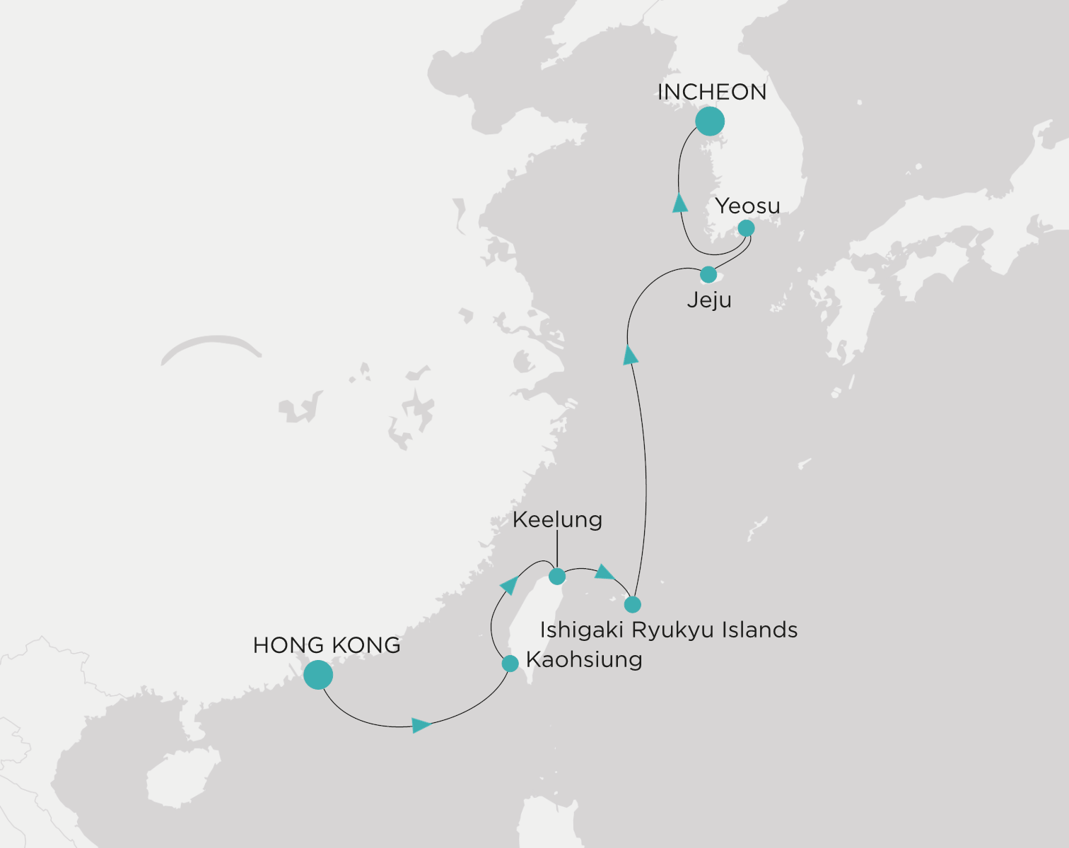 Crystal Symphony CSY-S09-260316 official itinerary map from Hong Kong to Incheon (Seoul)