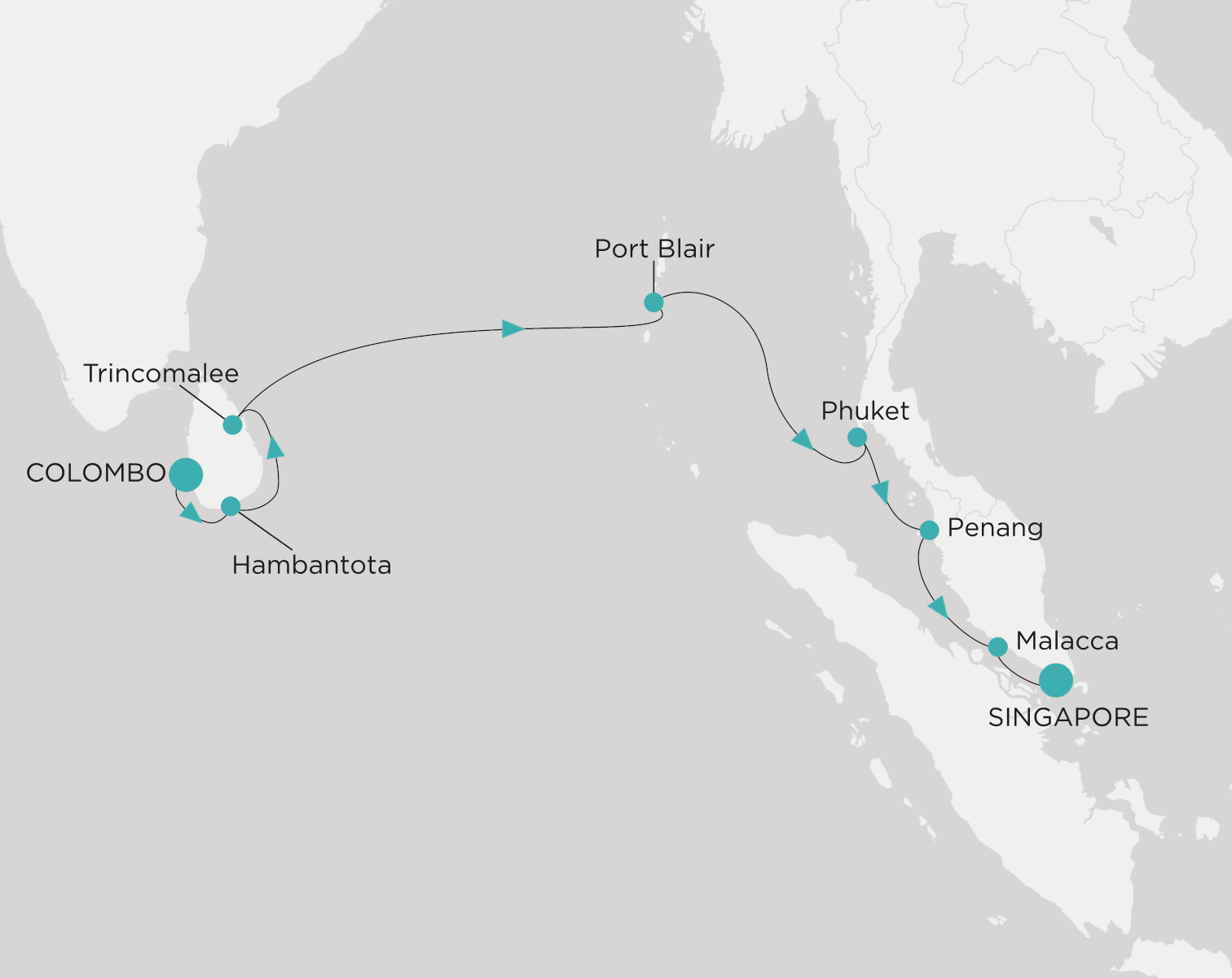 Crystal Symphony CSY-S10-260221 official itinerary map from Colombo to Singapore