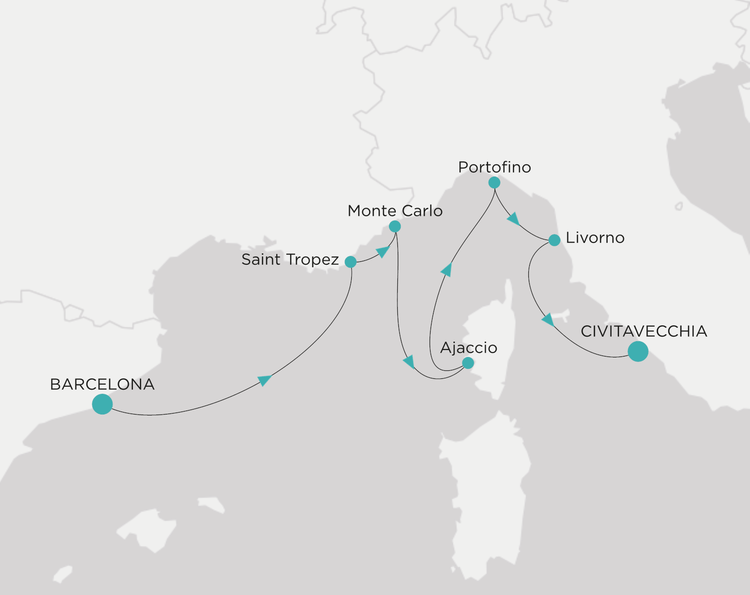 Crystal Symphony CSY-007-270419 official itinerary map from Barcelona to Civitavecchia (Rome)