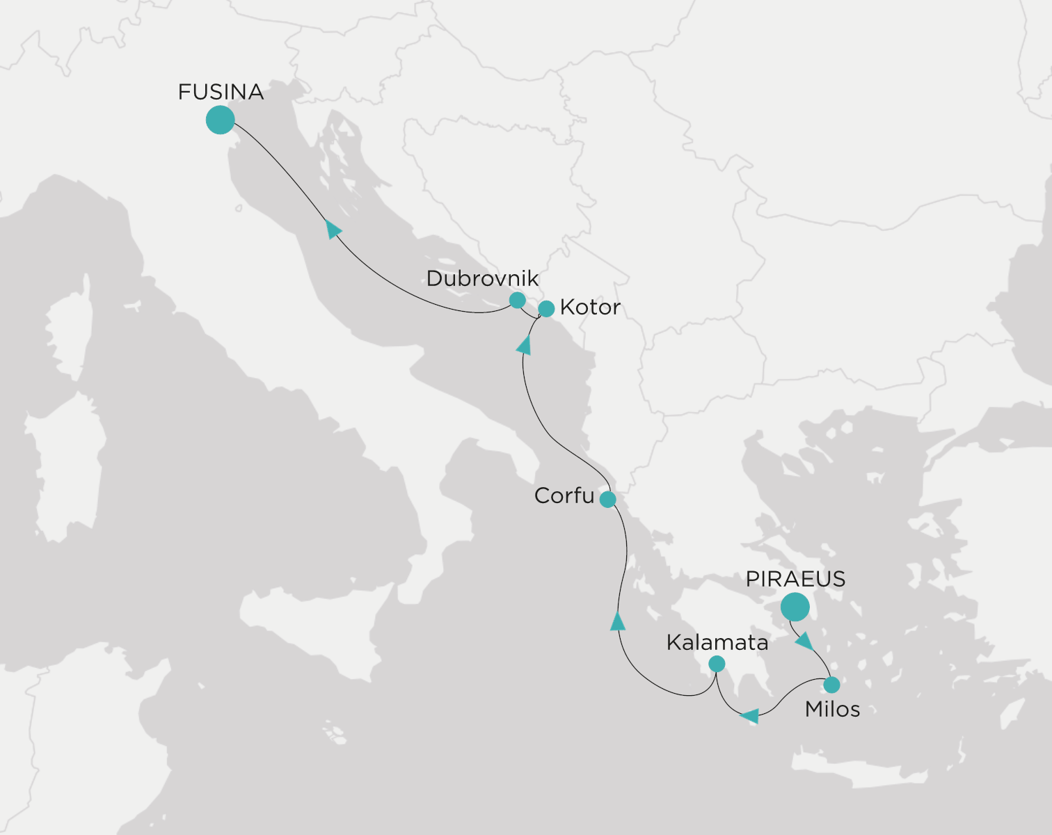 Crystal Symphony CSY-007-270504 official itinerary map from Piraeus (Athens) to Fusina (Venice)