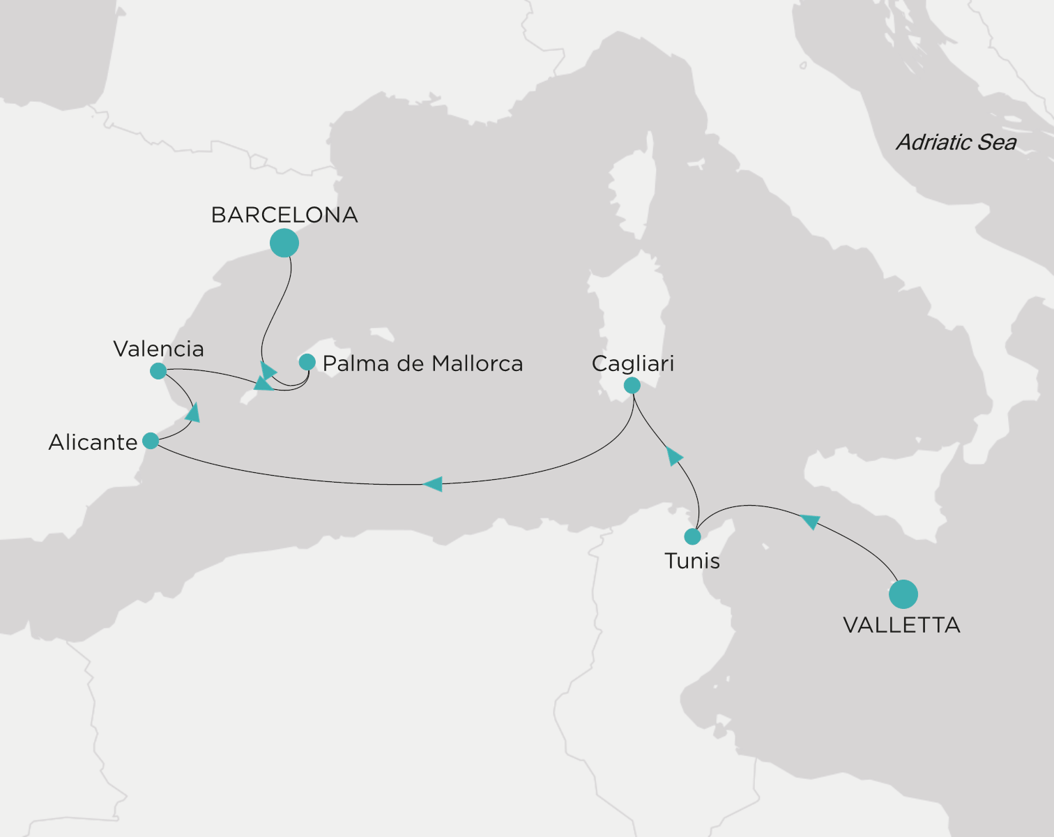 Crystal Symphony CSY-007-270527 official itinerary map from Valletta to Barcelona