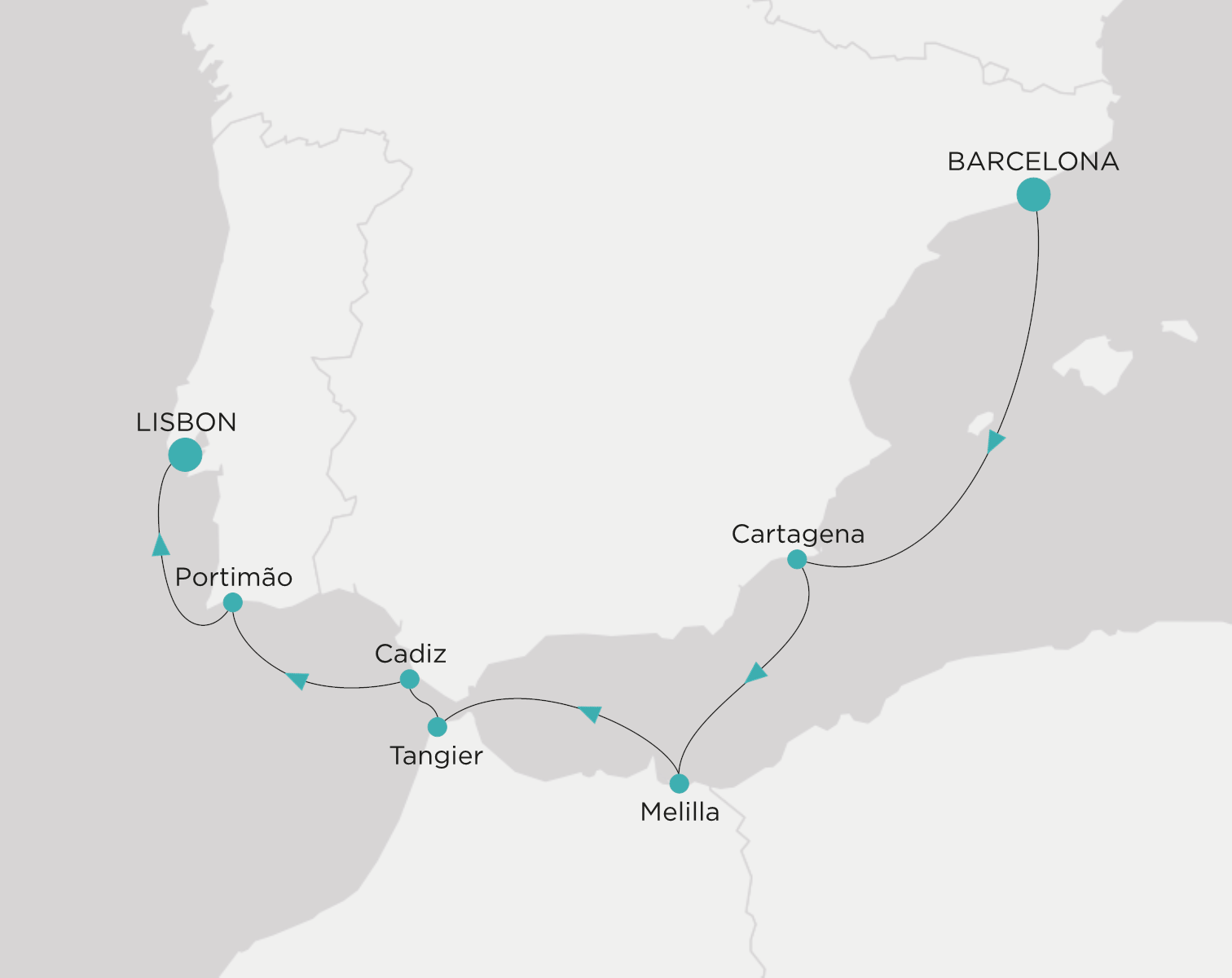 Crystal Symphony CSY-007-270621 official itinerary map from Barcelona to Lisbon