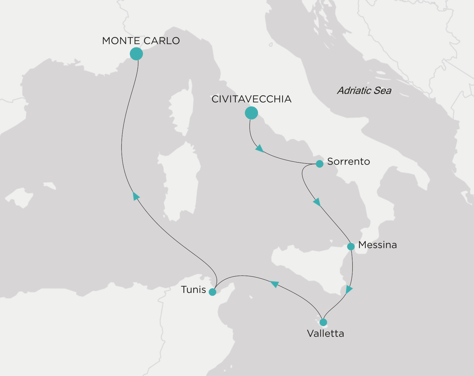 Crystal Symphony CSY-007-271001 official itinerary map from Civitavecchia (Rome) to Monte-Carlo