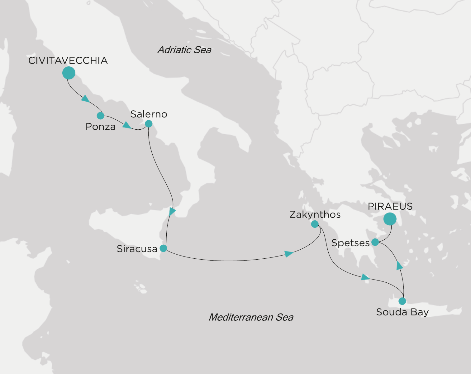 Crystal Symphony CSY-008-270426 official itinerary map from Civitavecchia (Rome) to Piraeus (Athens)