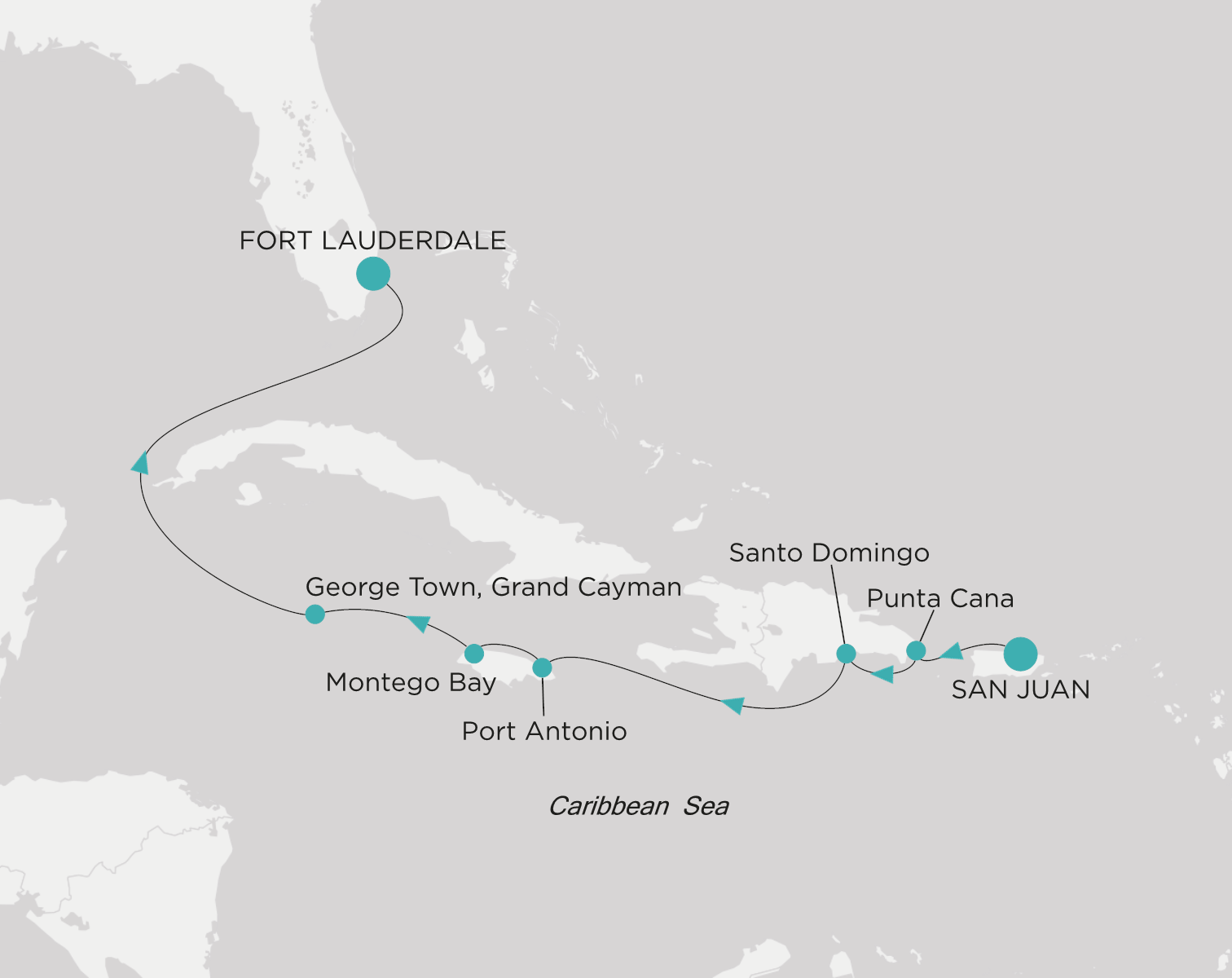 Crystal Symphony CSY-009-270217 official itinerary map from San Juan to Fort Lauderdale