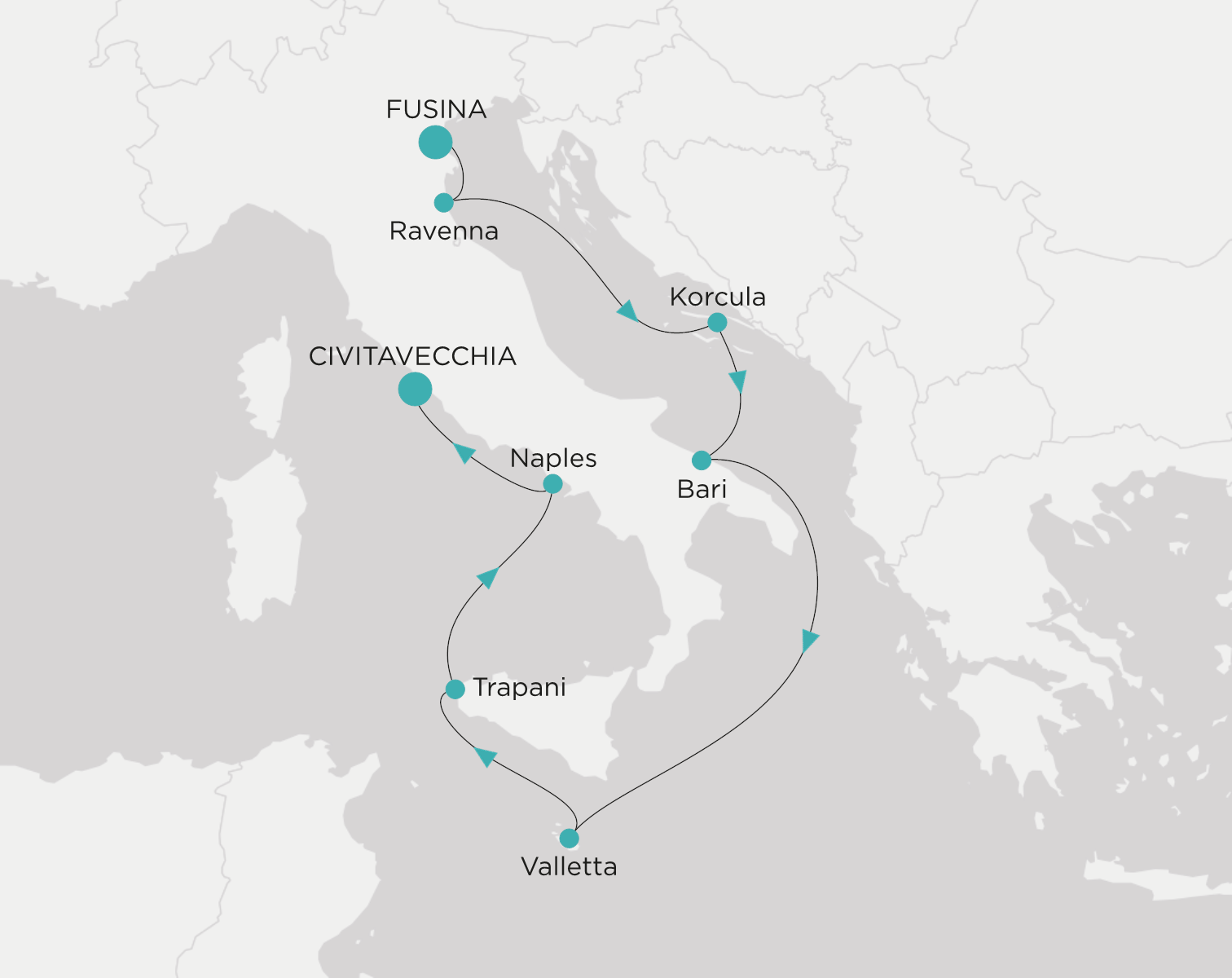 Crystal Symphony CSY-009-270511 official itinerary map from Fusina (Venice) to Civitavecchia (Rome)