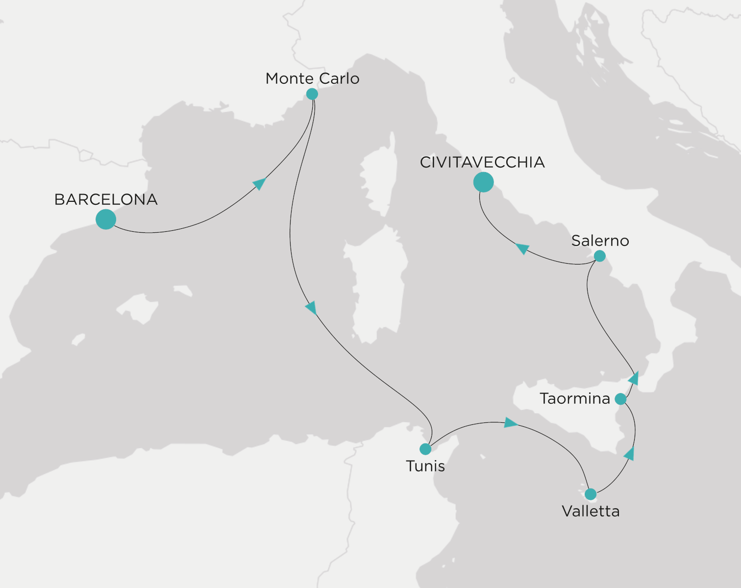 Crystal Symphony CSY-009-270603 official itinerary map from Barcelona to Civitavecchia (Rome)