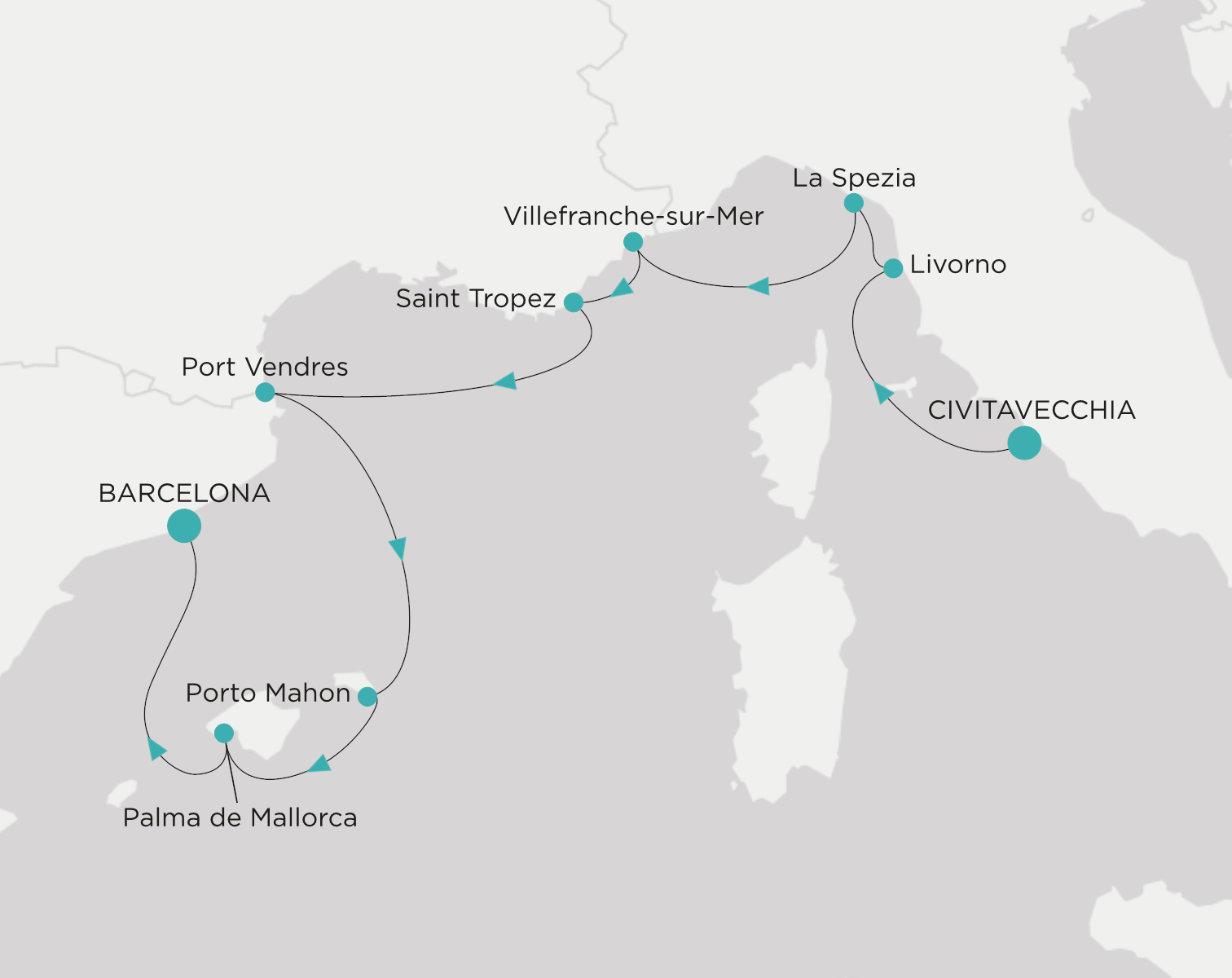 Crystal Symphony CSY-009-270612 official itinerary map from Civitavecchia (Rome) to Barcelona
