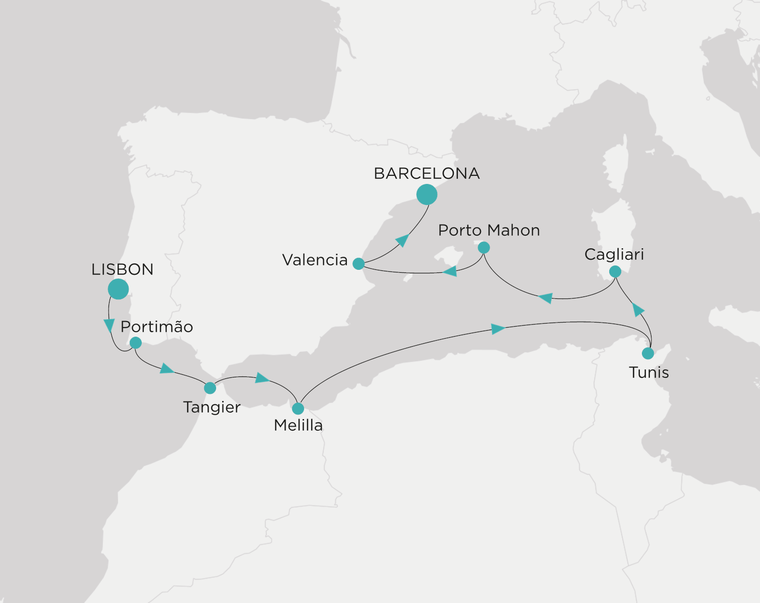 Crystal Symphony CSY-009-270913 official itinerary map from Lisbon to Barcelona