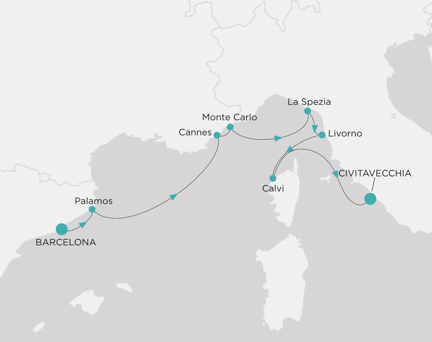 Crystal Symphony CSY-009-270922 official itinerary map from Barcelona to Civitavecchia (Rome)