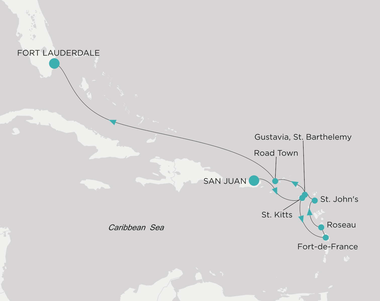 Crystal Symphony CSY-009-271210 official itinerary map from San Juan to Fort Lauderdale