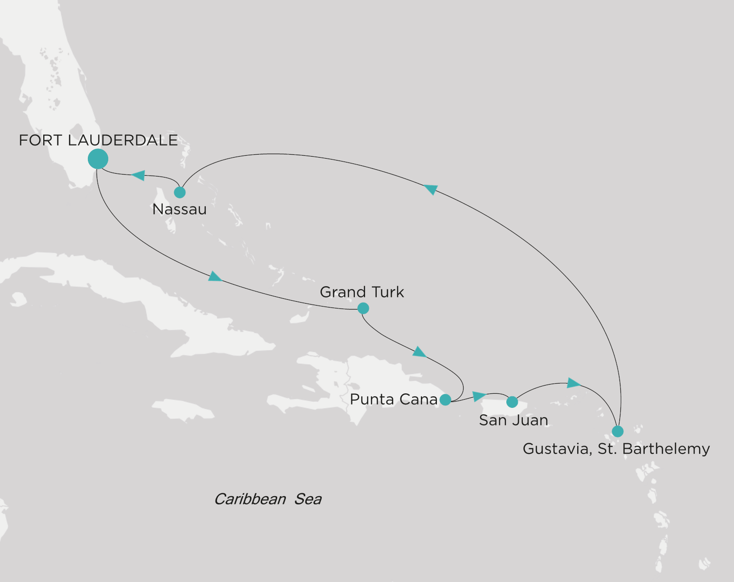 Crystal Symphony CSY-009-271219 official itinerary map from Fort Lauderdale to Fort Lauderdale