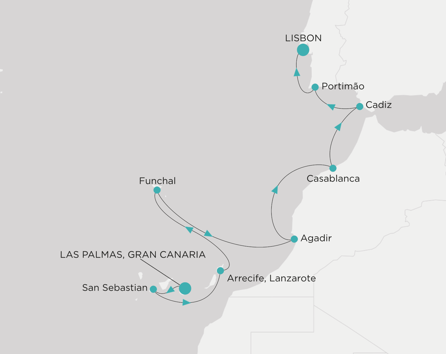 Crystal Symphony CSY-010-270402 official itinerary map from Las Palmas (Gran Canaria) to Lisbon