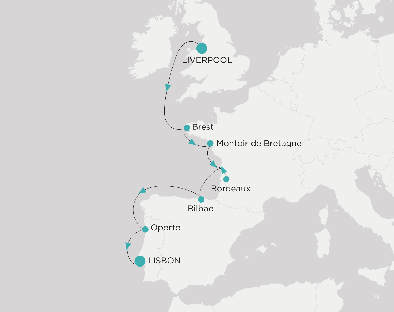 Crystal Symphony CSY-010-270903 official itinerary map from Liverpool to Lisbon