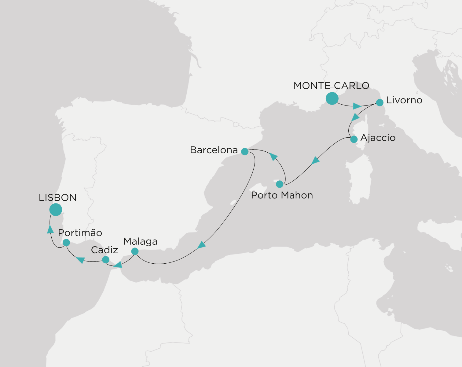 Crystal Symphony CSY-010-271008 official itinerary map from Monte-Carlo to Lisbon