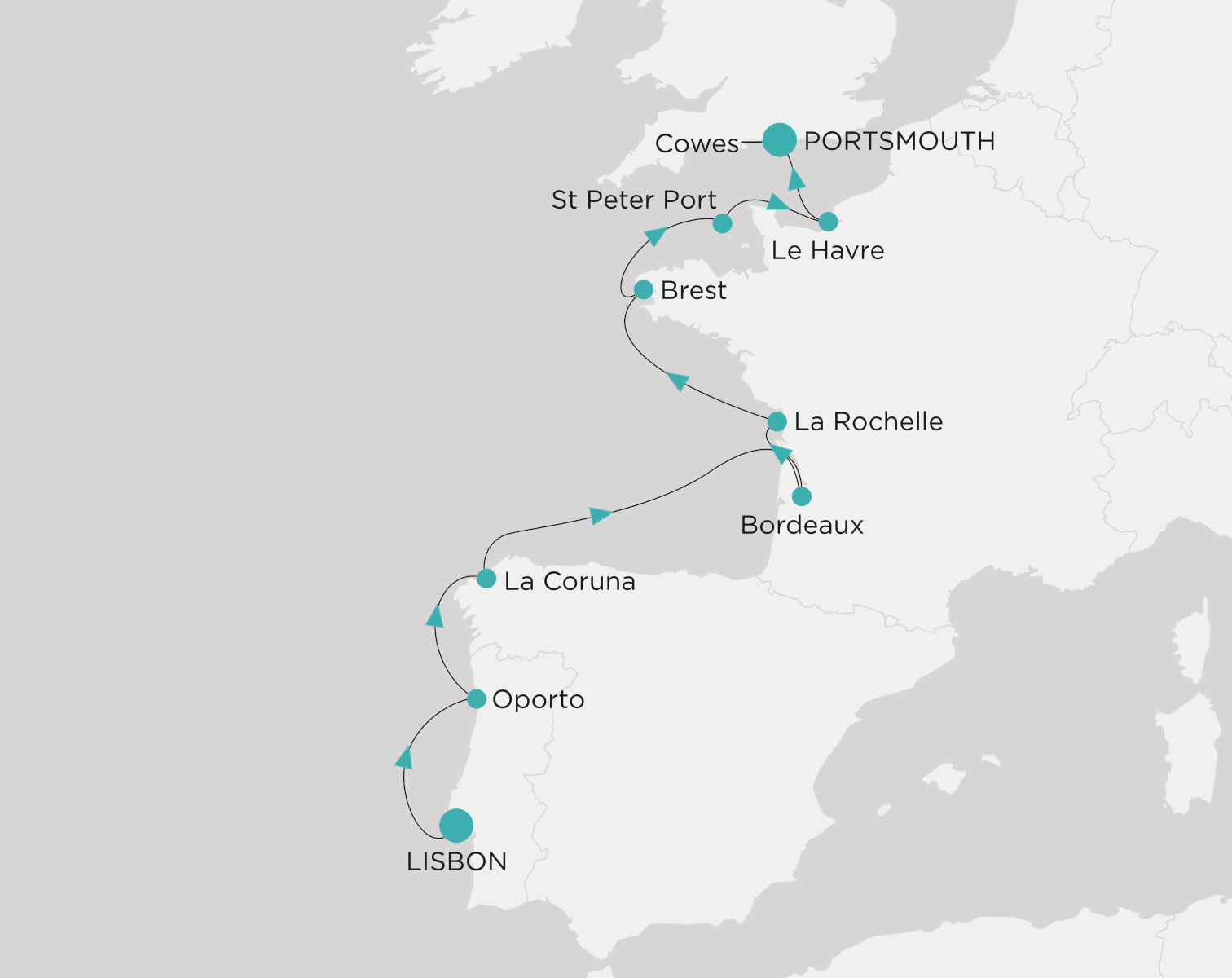 Crystal Symphony CSY-011-270628 official itinerary map from Lisbon to Portsmouth