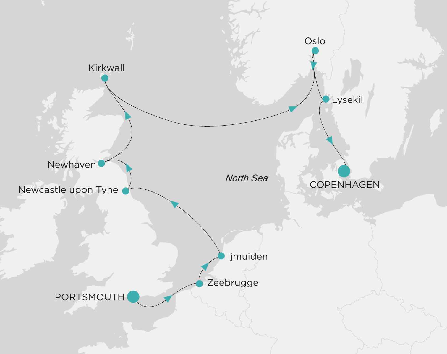 Crystal Symphony CSY-011-270709 official itinerary map from Portsmouth to Copenhagen