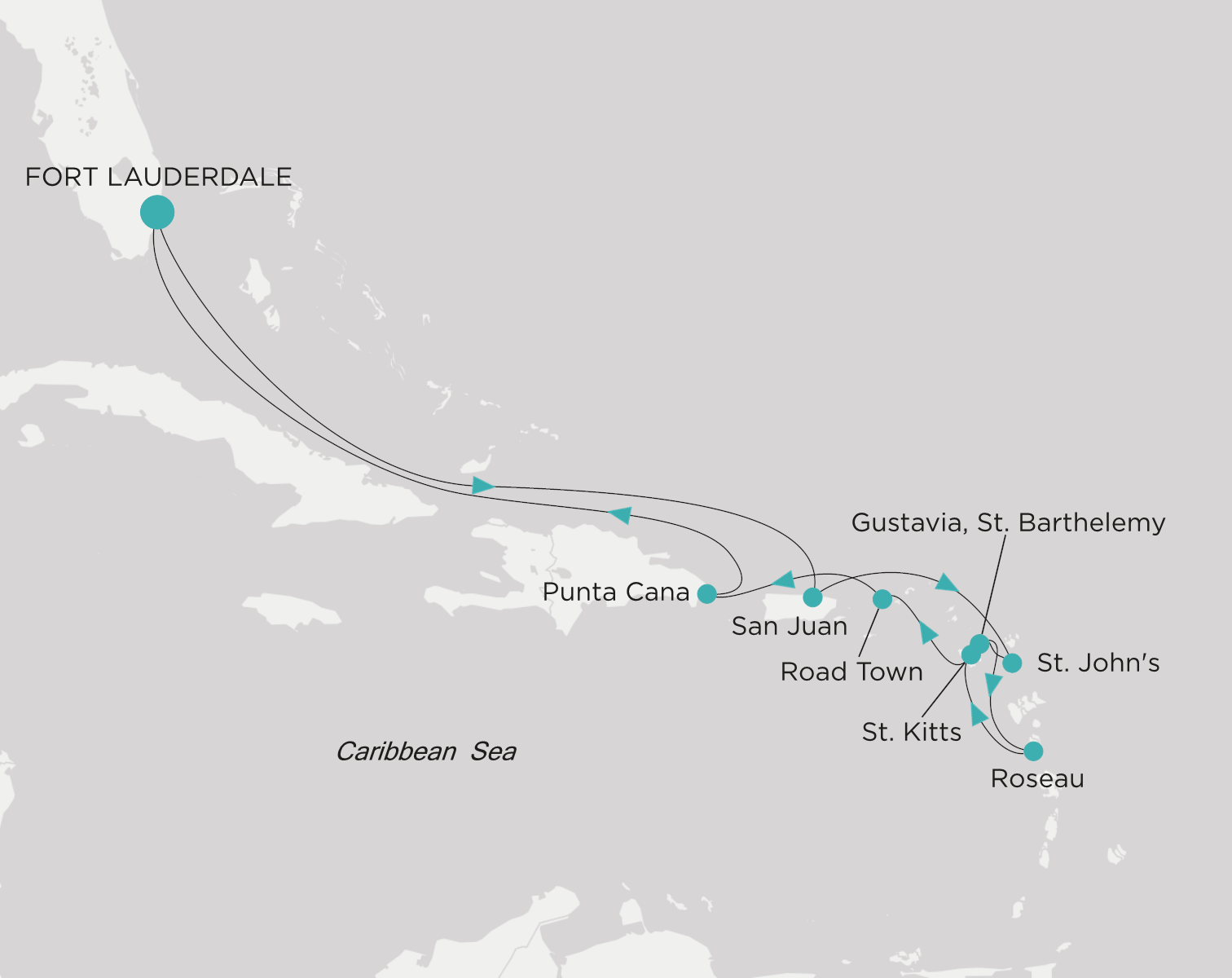 Crystal Symphony CSY-012-270308 official itinerary map from Fort Lauderdale to Fort Lauderdale