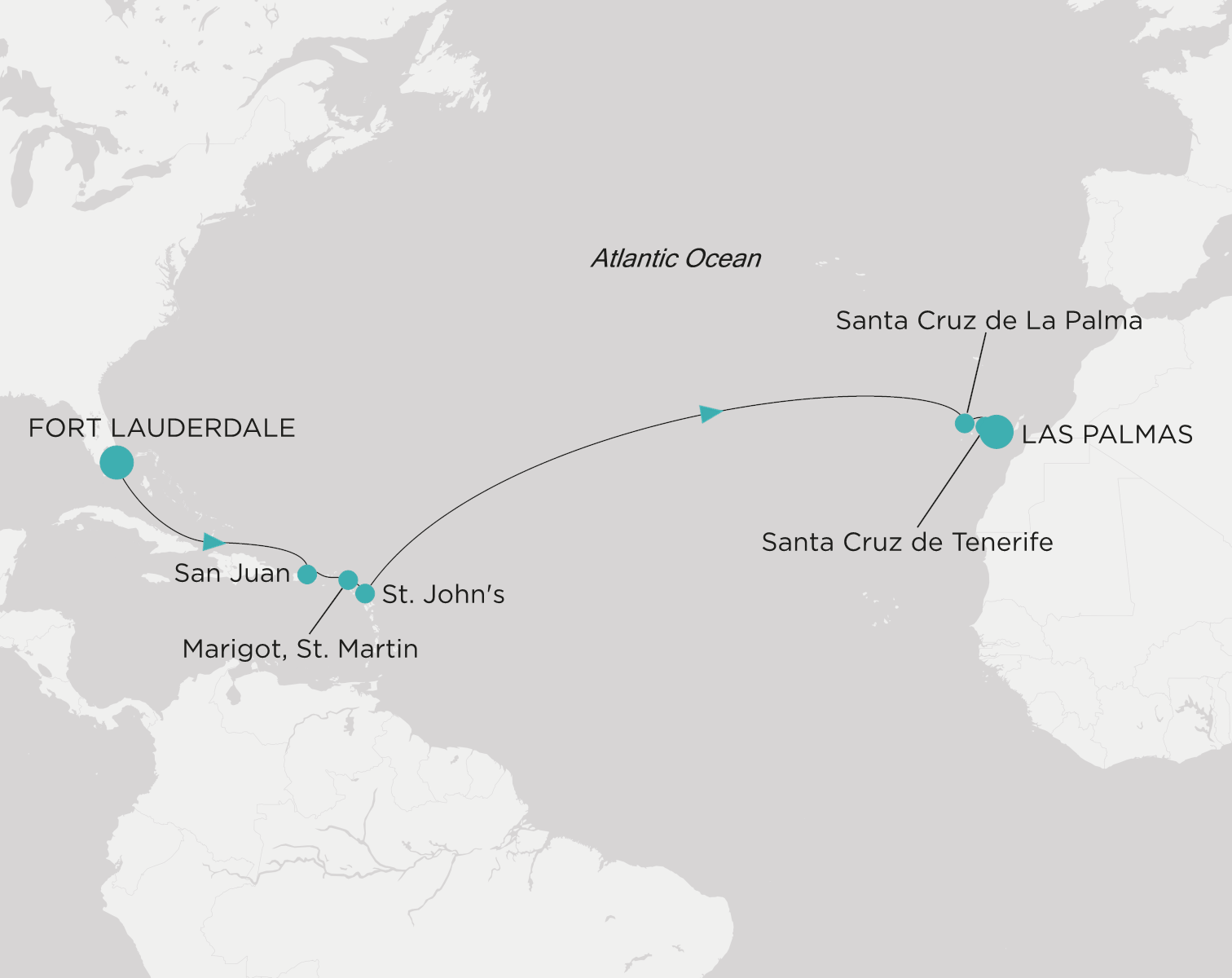 Crystal Symphony CSY-013-270320 official itinerary map from Fort Lauderdale to Las Palmas (Gran Canaria)