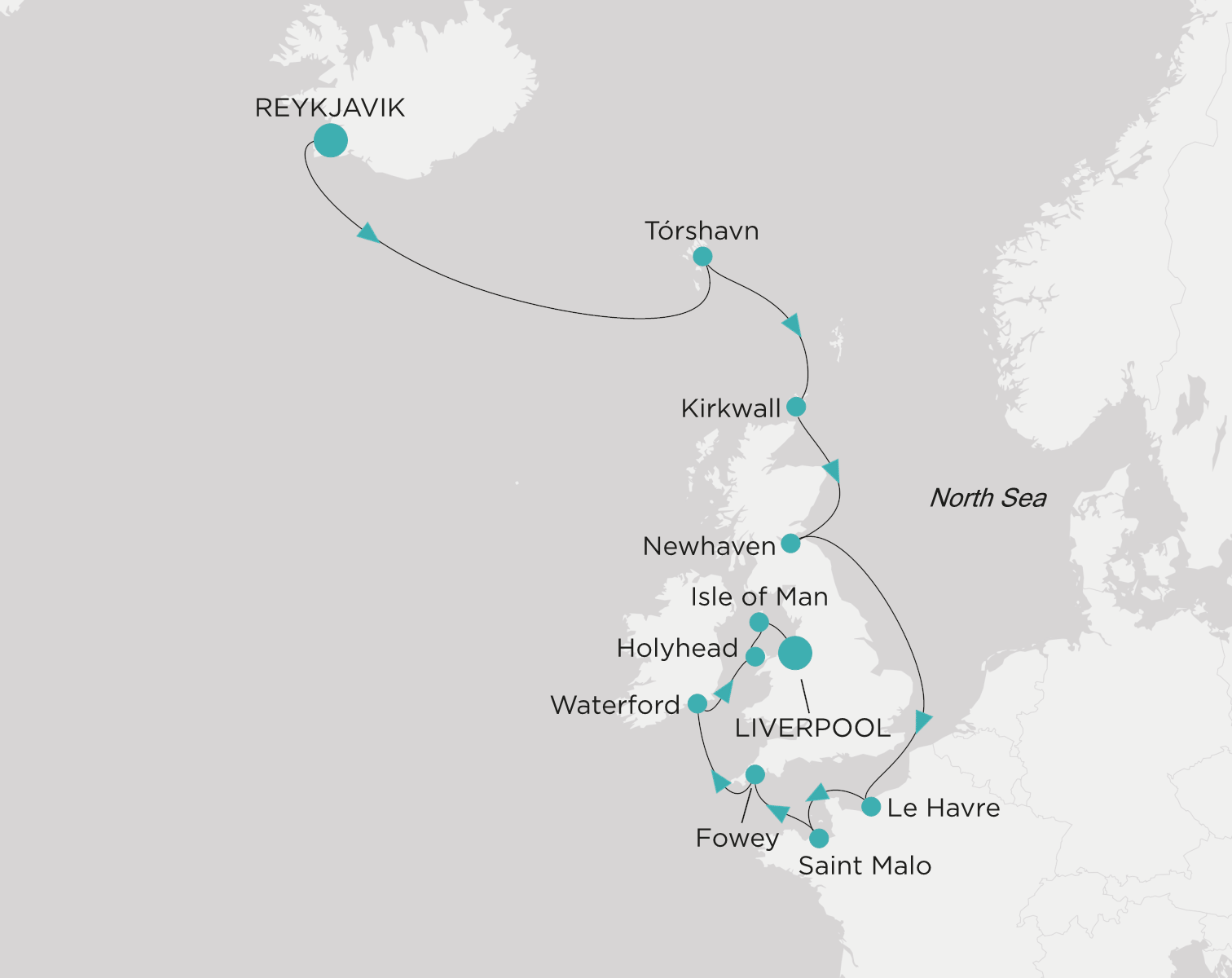 Crystal Symphony CSY-013-270821 official itinerary map from Reykjavik to Liverpool