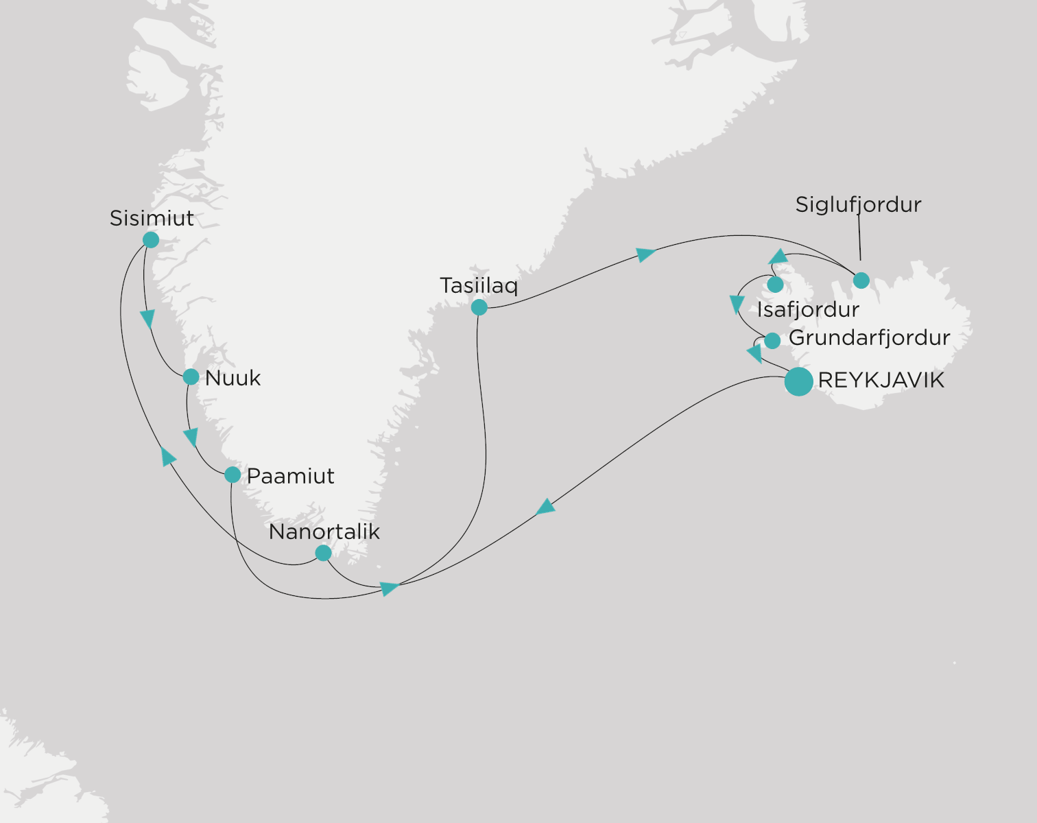 Crystal Symphony CSY-014-270807 official itinerary map from Reykjavik to Reykjavik
