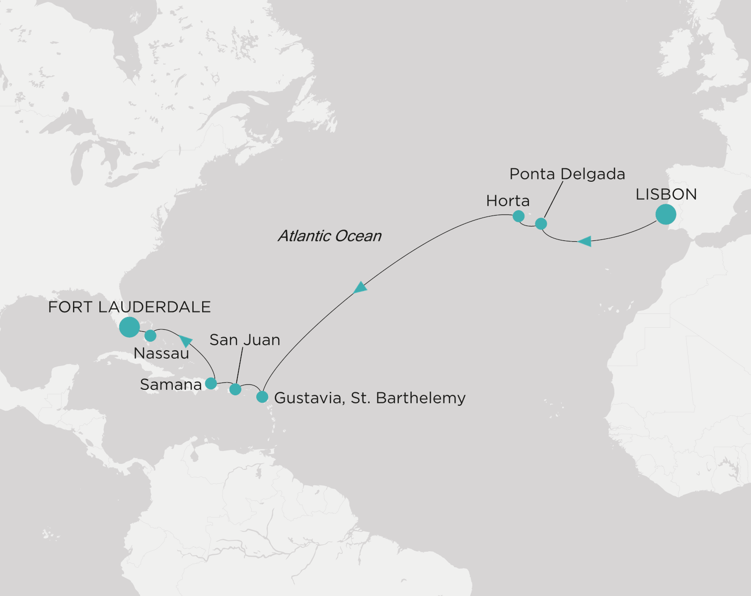 Crystal Symphony CSY-014-271108 official itinerary map from Lisbon to Fort Lauderdale