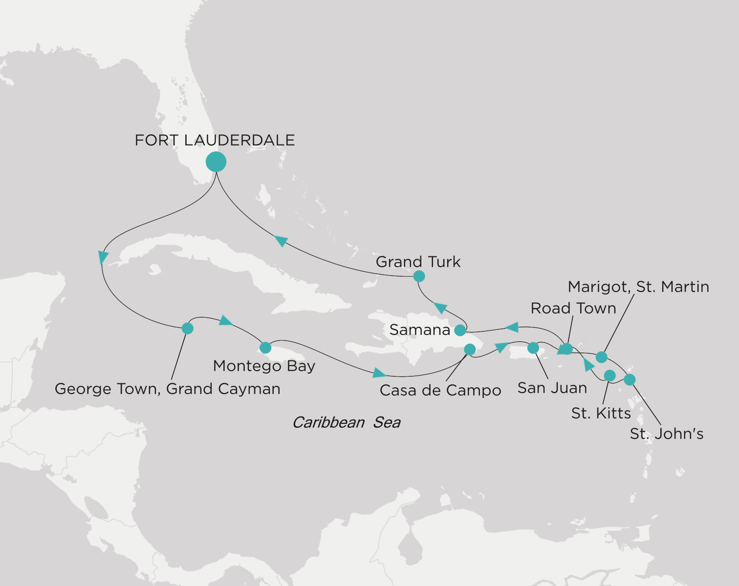 Crystal Symphony CSY-014-271228 official itinerary map from Fort Lauderdale to Fort Lauderdale