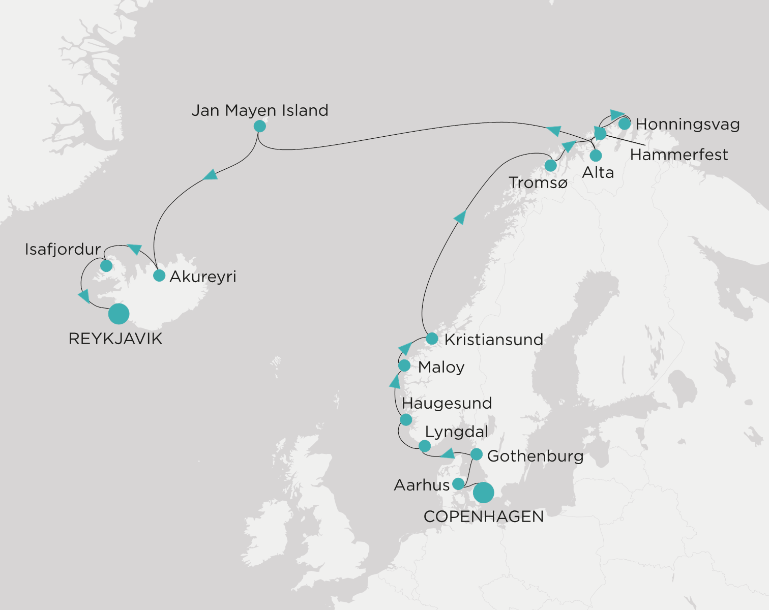 Crystal Symphony CSY-018-270720 official itinerary map from Copenhagen to Reykjavik