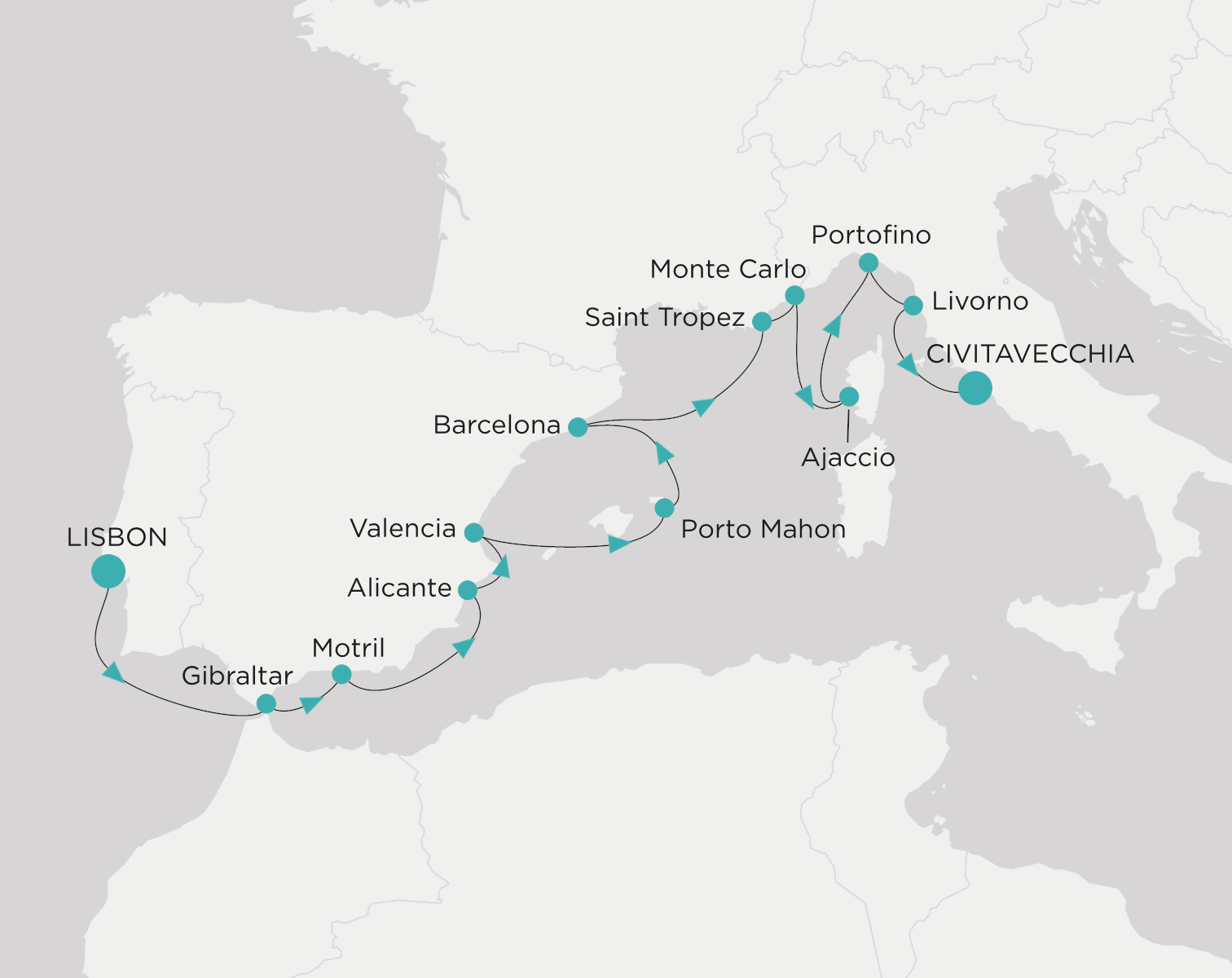 Crystal Symphony CSY-C14-270412 official itinerary map from Lisbon to Civitavecchia (Rome)