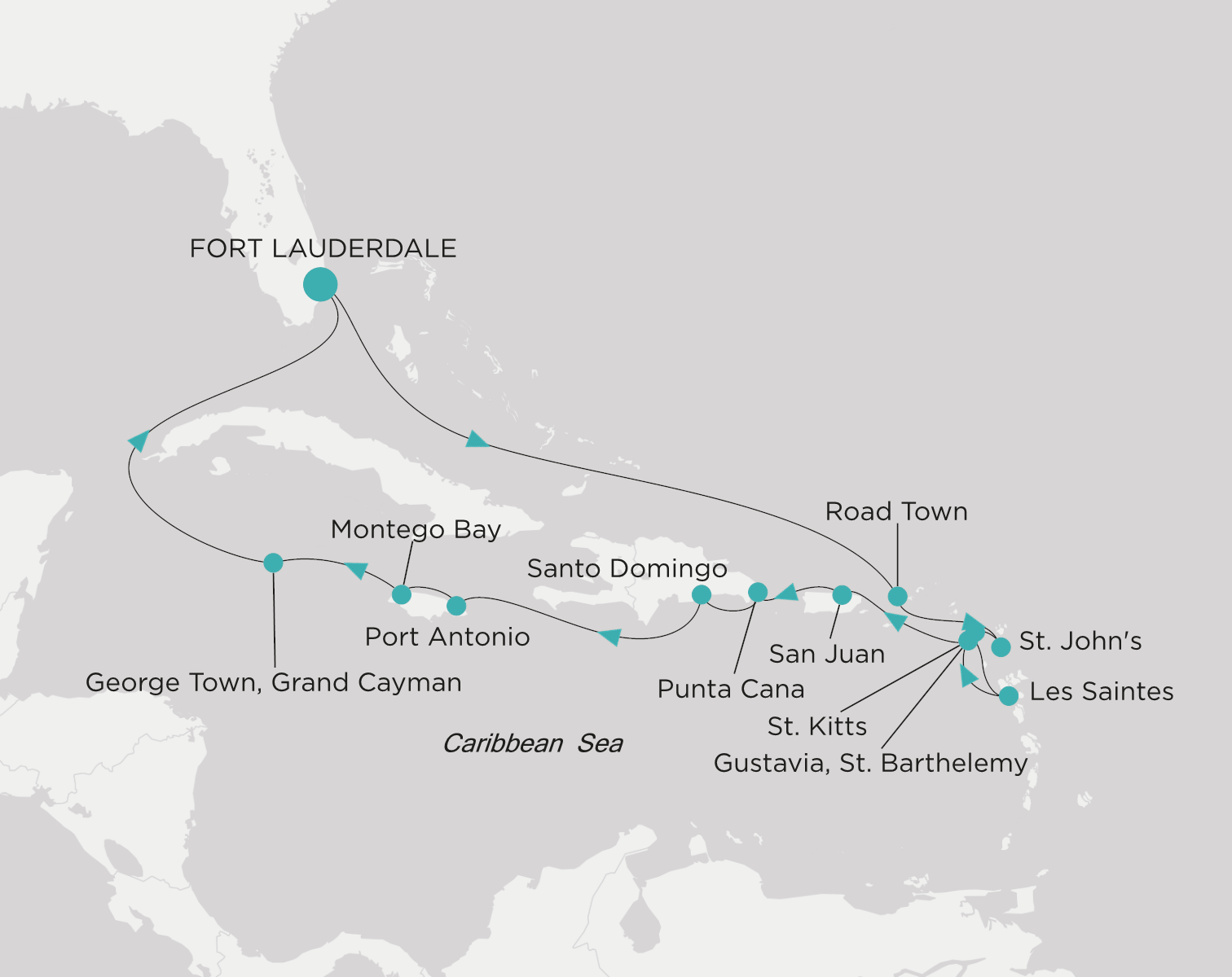 Crystal Symphony CSY-C17-270209 official itinerary map from Fort Lauderdale to Fort Lauderdale